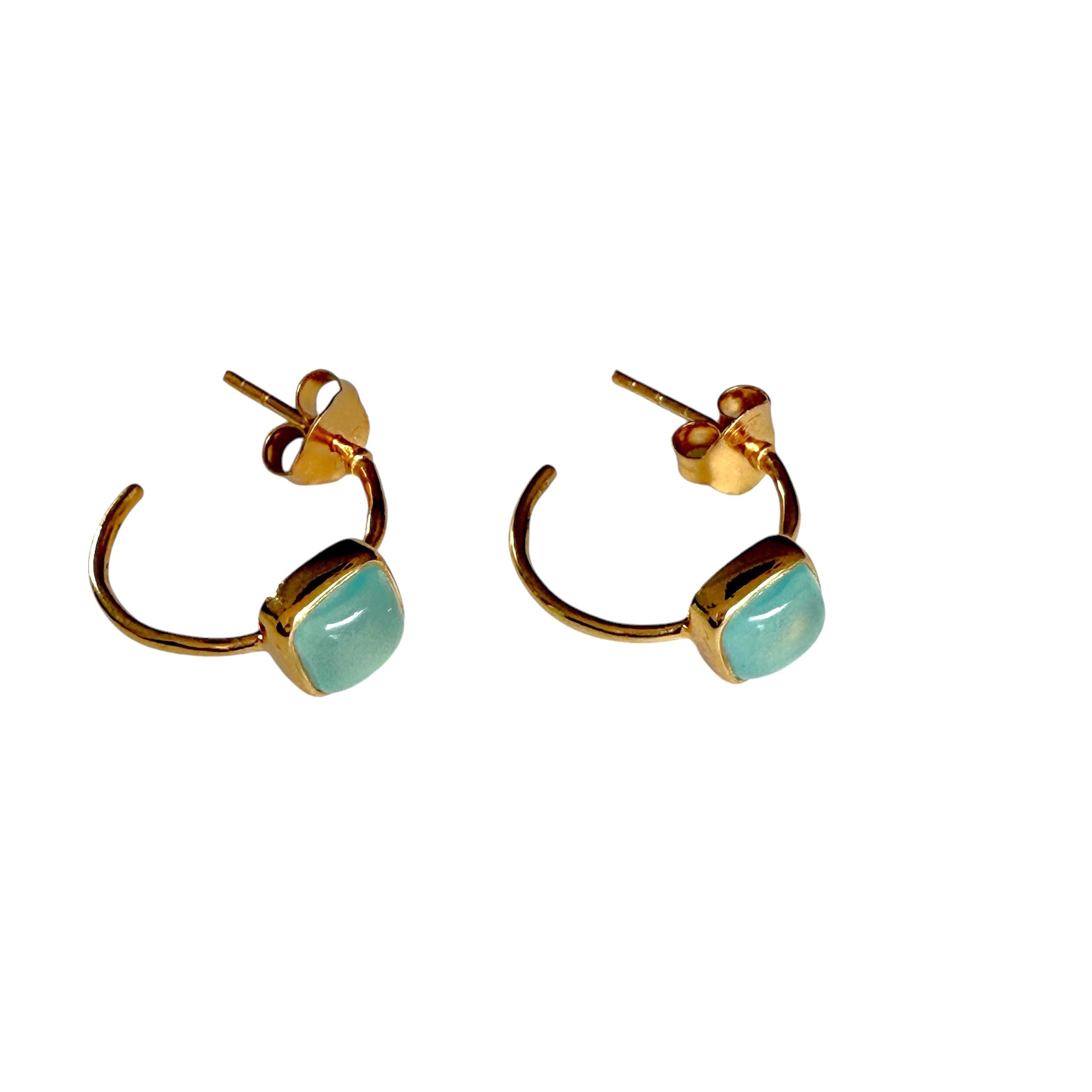 Minimal Gold Plated Sterling Silver Small Hoops with a Square Cabochon Gemstone - Aqua Chalcedony