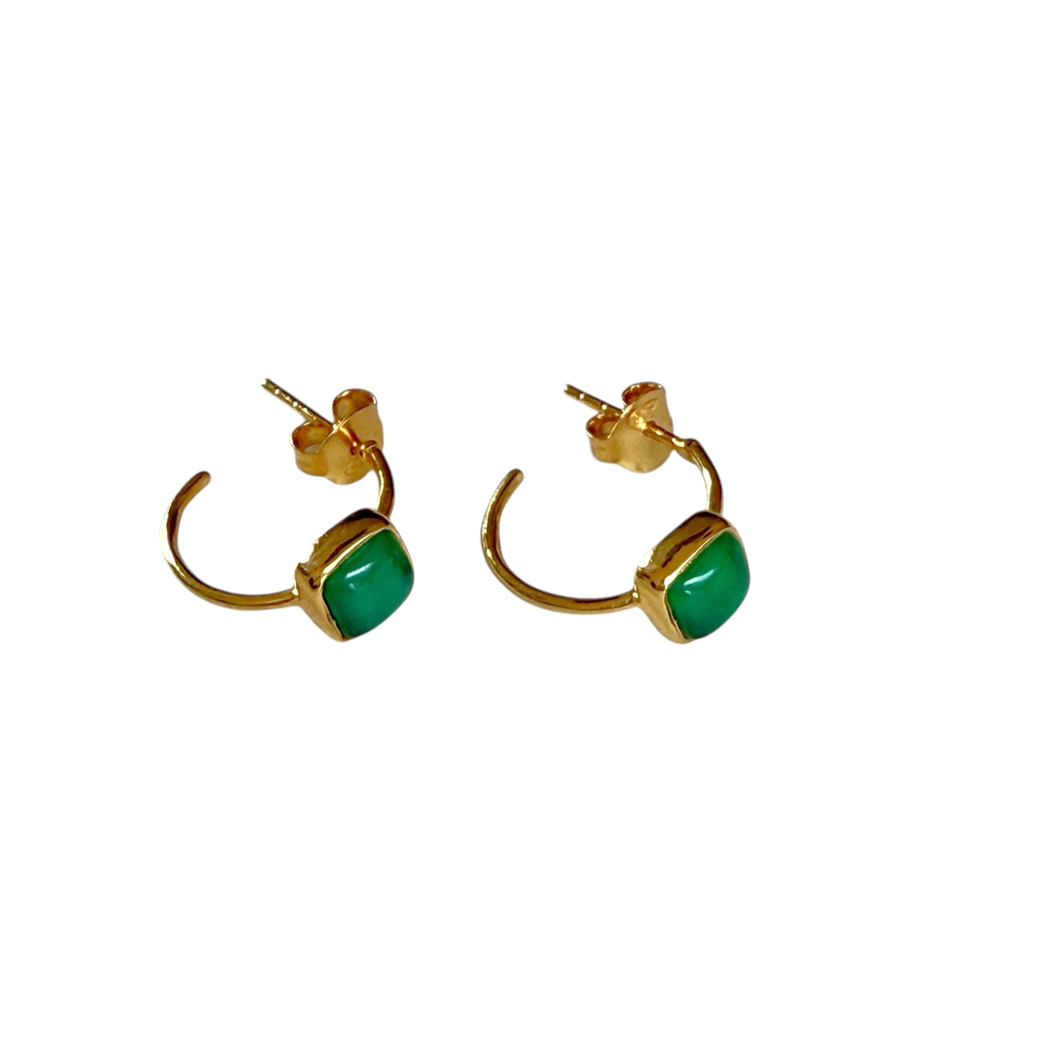 Minimal Gold Plated Sterling Silver Small Hoops with a Square Cabochon Gemstone - Green Onyx
