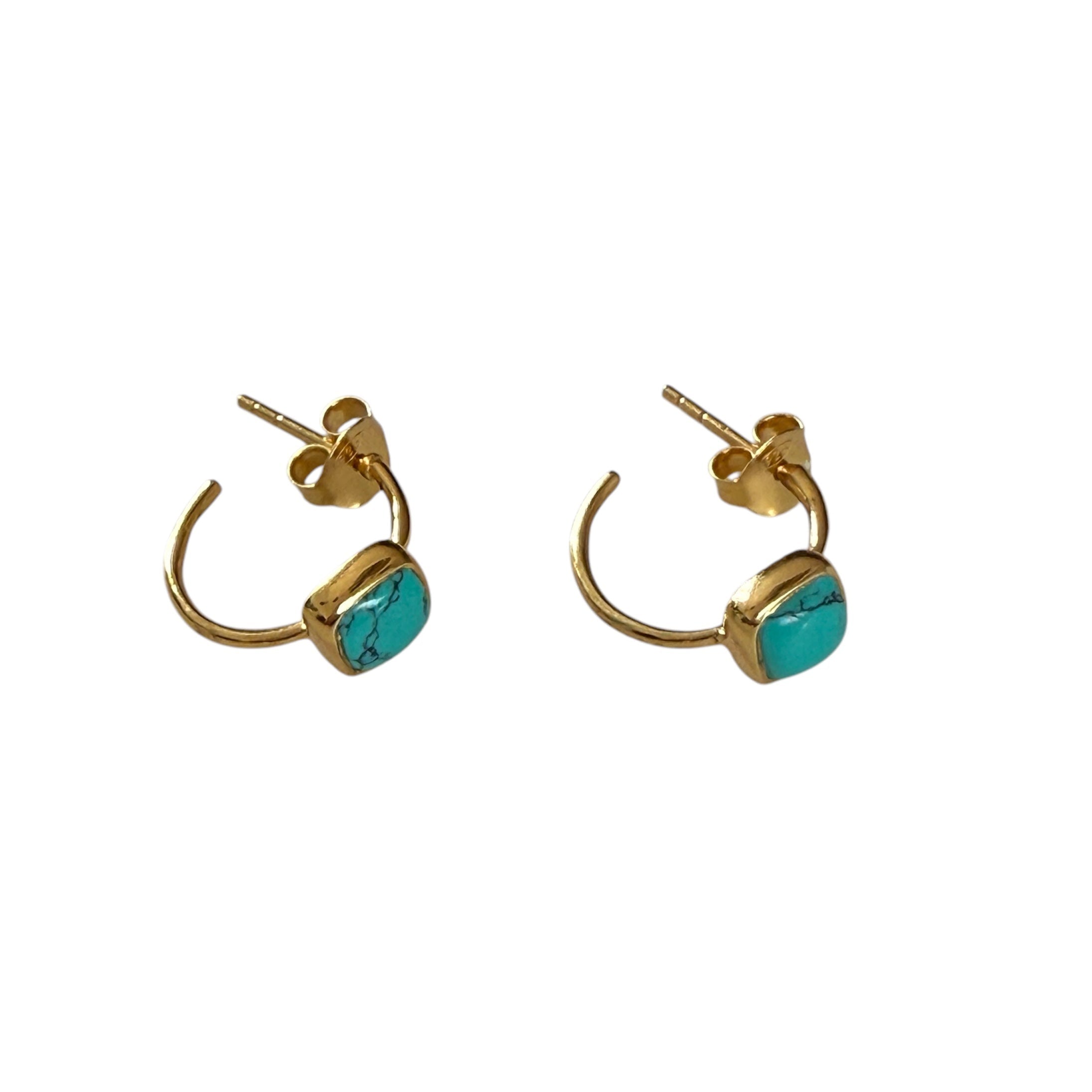 Minimal Gold Plated Sterling Silver Small Hoops with a Square Cabochon Gemstone - Turquoise