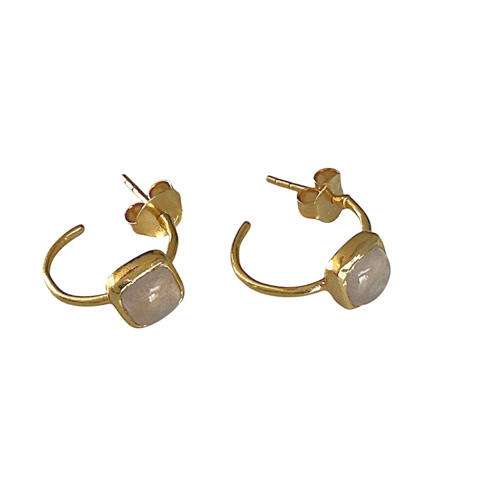 Minimal Gold Plated Sterling Silver Small Hoops with a Square Cabochon Gemstone - Rose Quartz