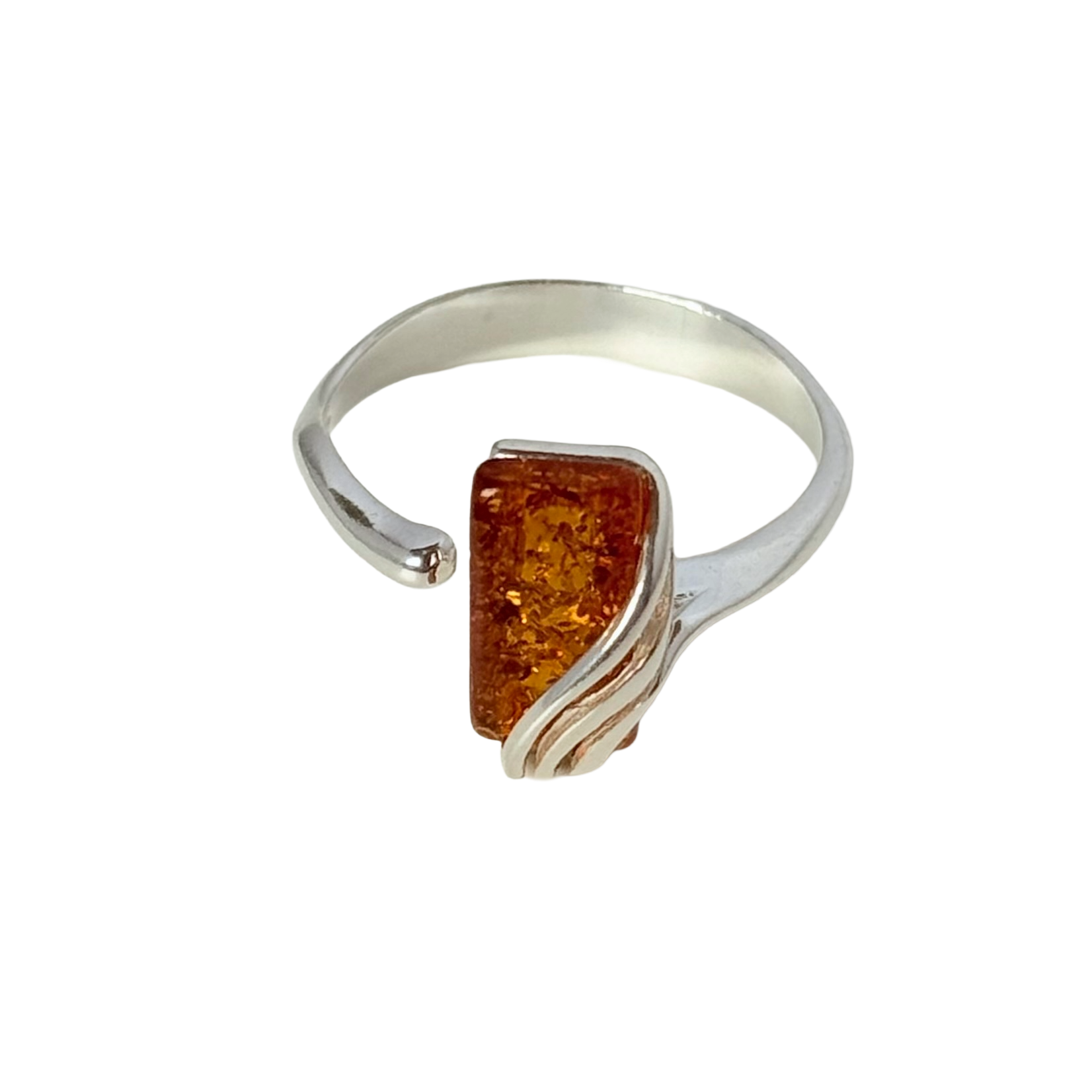 Adjustable 925 Sterling Silver Ring with Genuine Baltic Amber in a rectangular shape