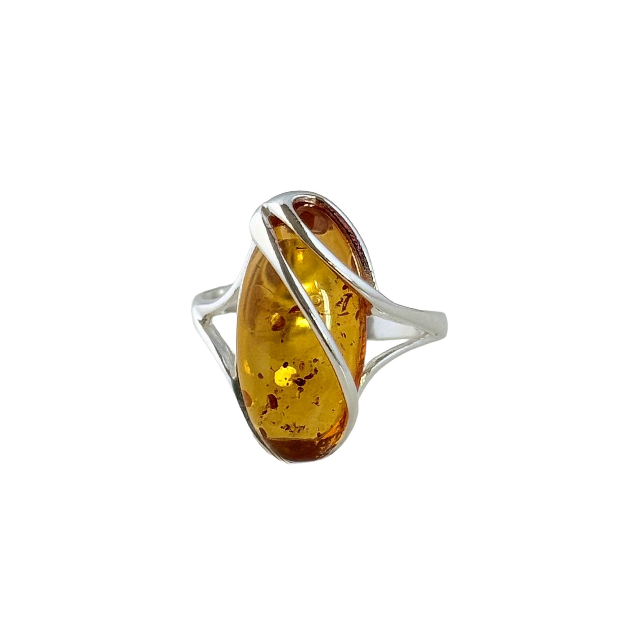 Adjustable Genuine Baltic Amber Ring in Sterling Silver with an Oval Shaped Stone
