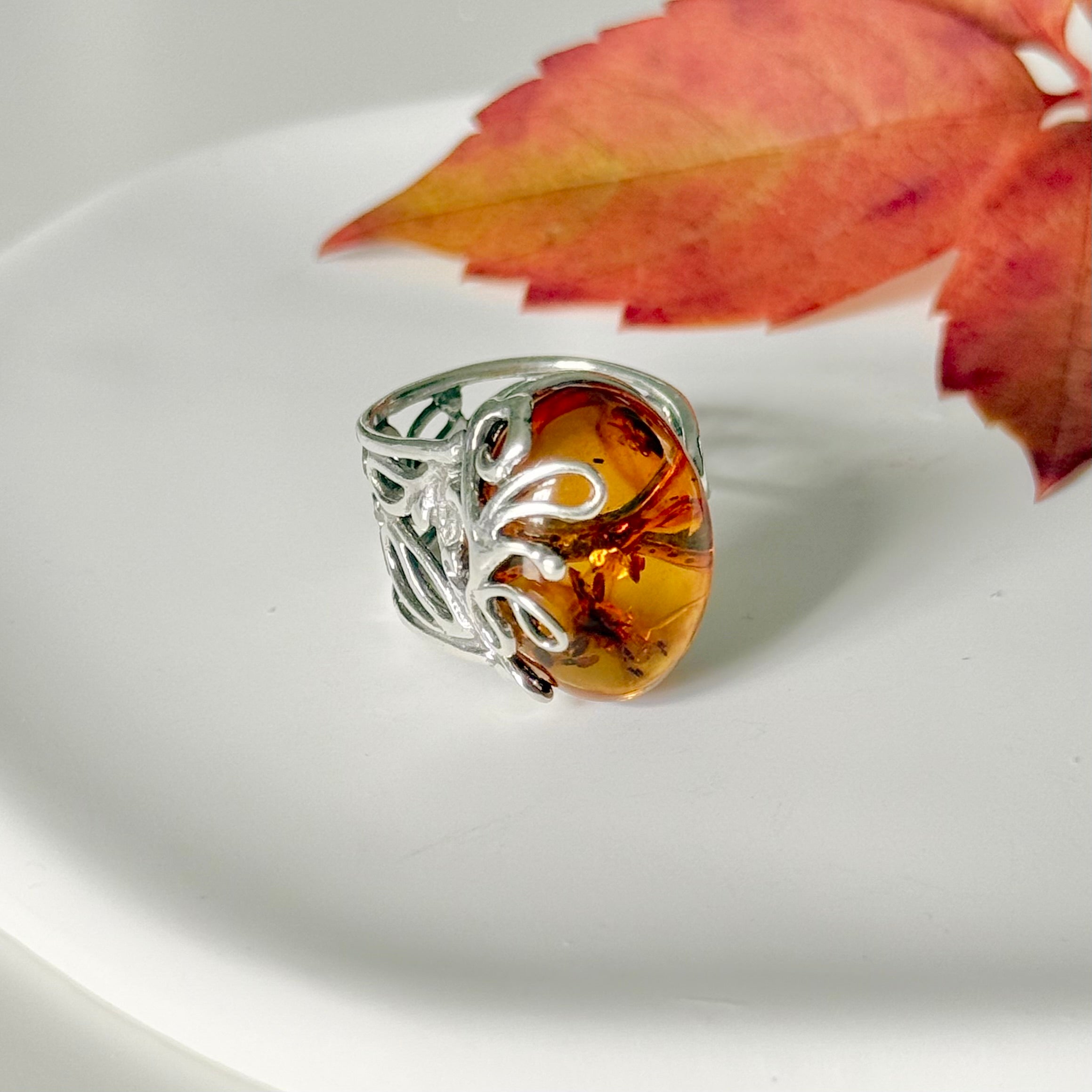 Adjustable Sterling Silver Baltic Amber Filigree Ring