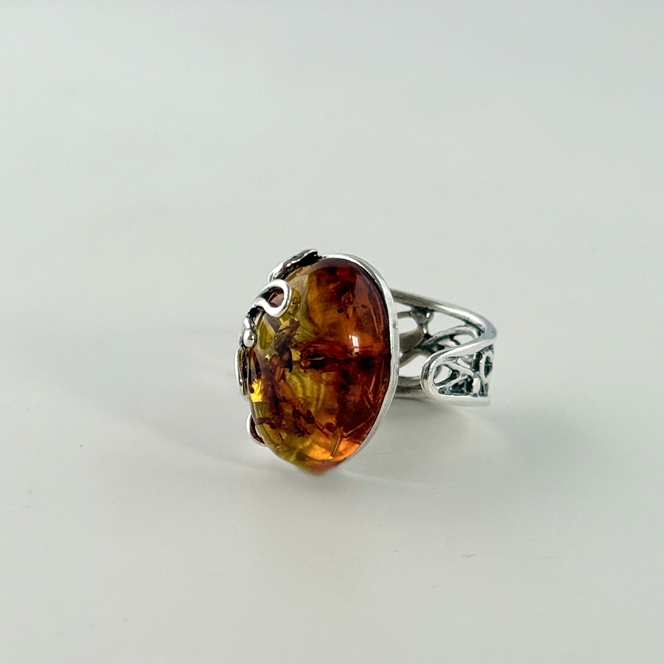 Adjustable Sterling Silver Baltic Amber Filigree Ring