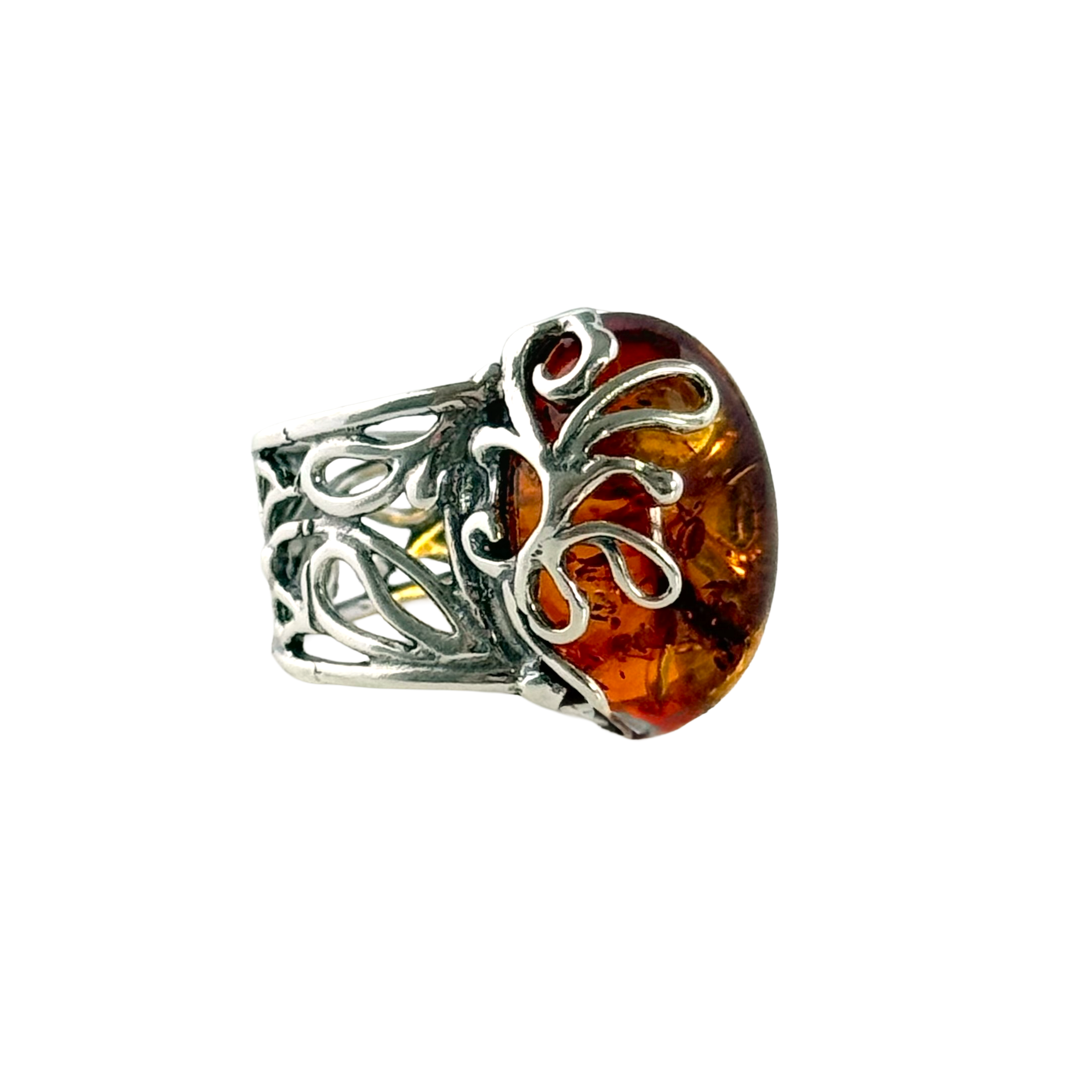 Adjustable Sterling Silver Baltic Amber Filigree Ring
