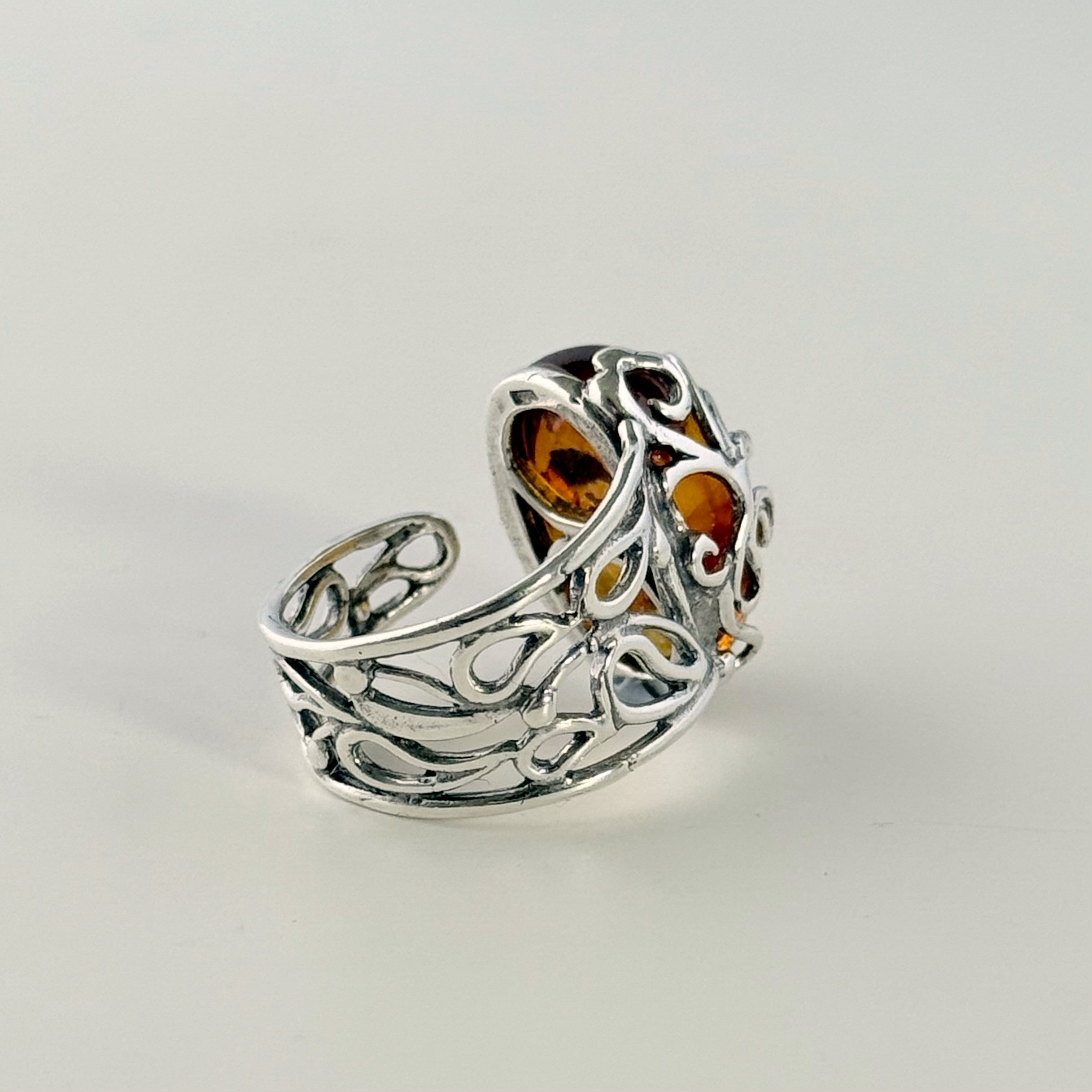 Adjustable Sterling Silver Baltic Amber Filigree Ring