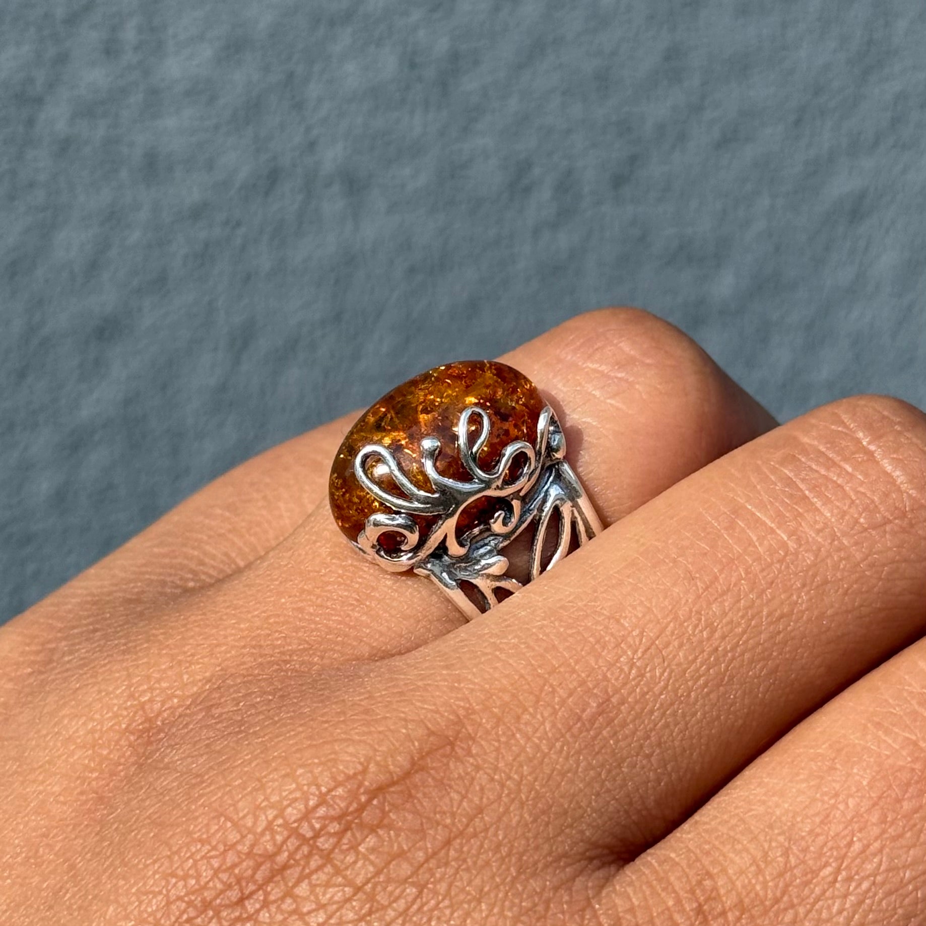 Adjustable Sterling Silver Baltic Amber Filigree Ring