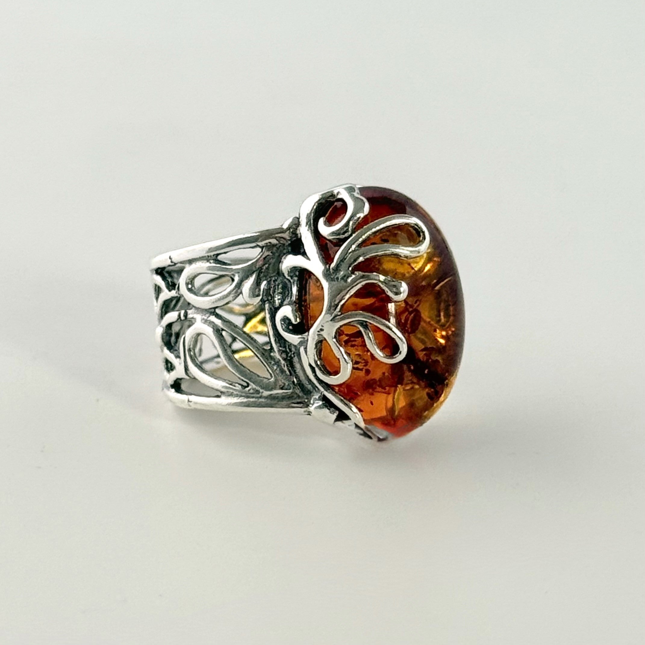 Adjustable Sterling Silver Baltic Amber Filigree Ring