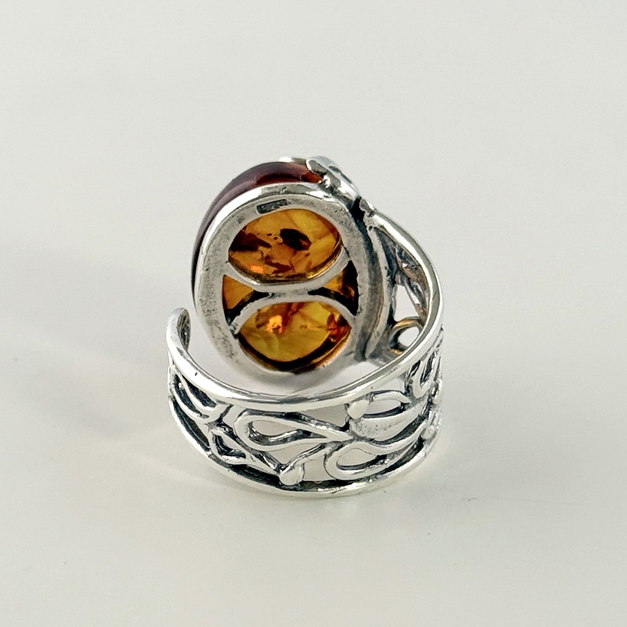 Adjustable Sterling Silver Baltic Amber Filigree Ring