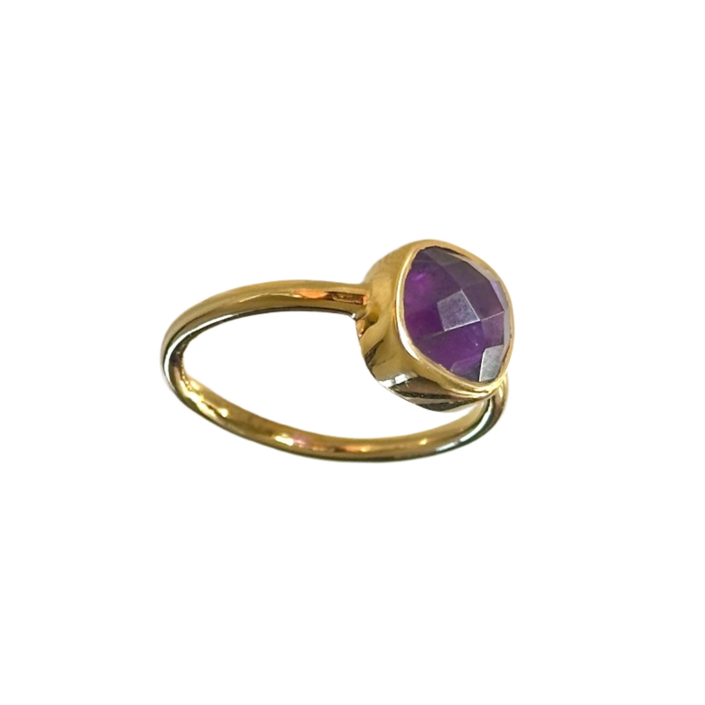 Faceted Square Cut Natural Amethyst Gemstone Gold Plated Sterling Silver Stackable Solitaire Ring - Milina London