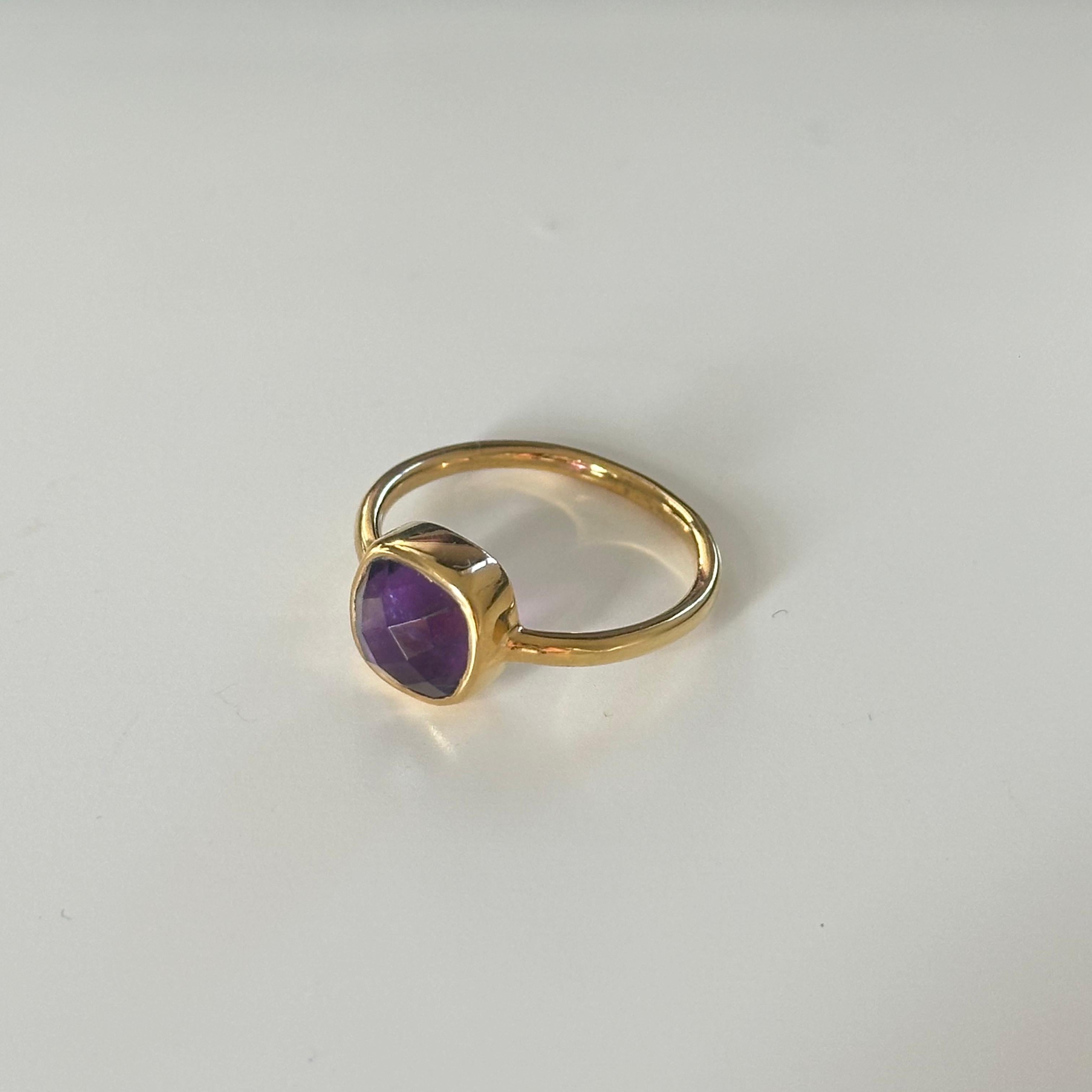 Faceted Square Cut Natural Amethyst Gemstone Gold Plated Sterling Silver Stackable Solitaire Ring - Milina London