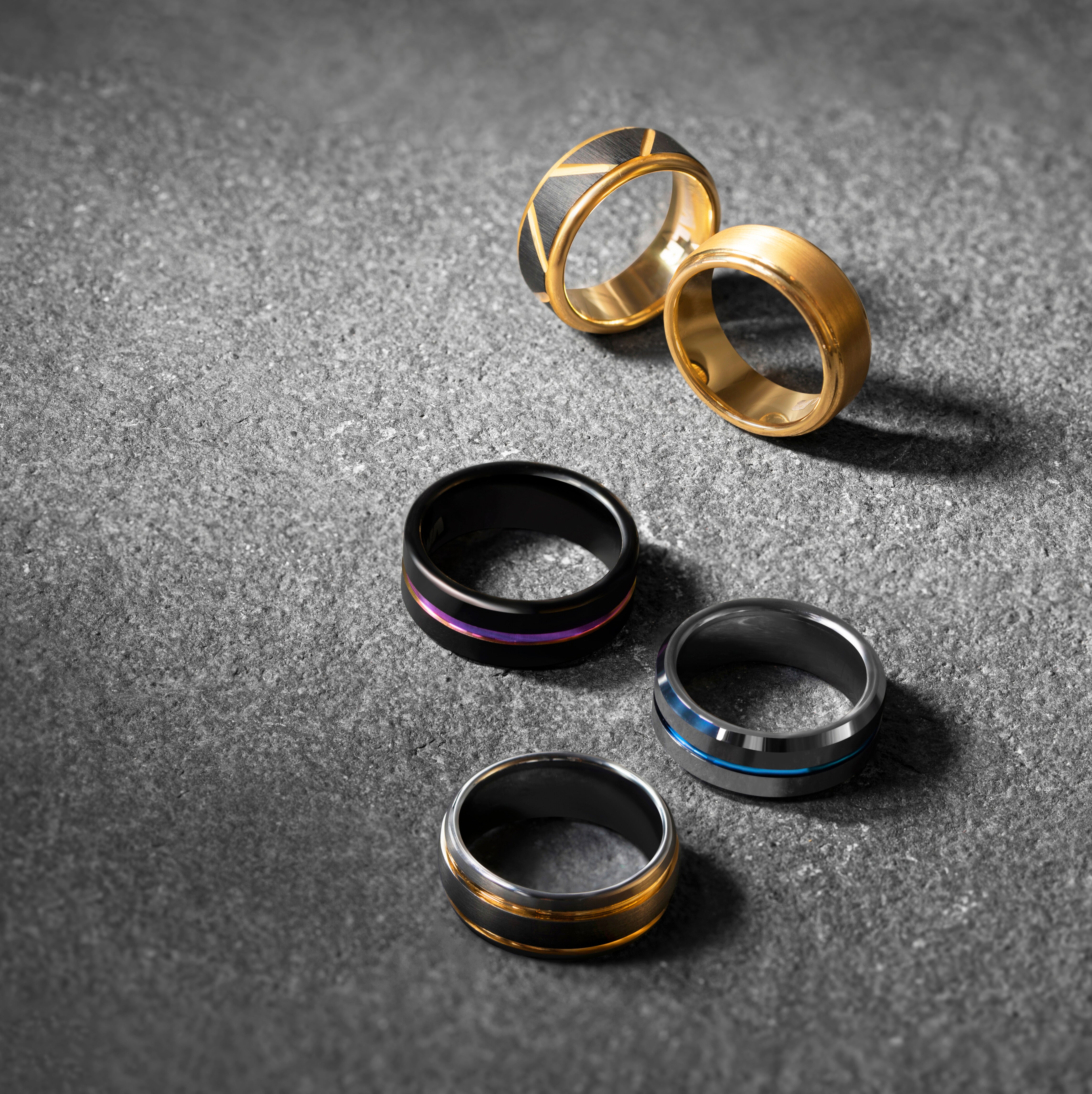 Black Tungsten Ring with a Rainbow Band | The Spectre Ring | Milina London