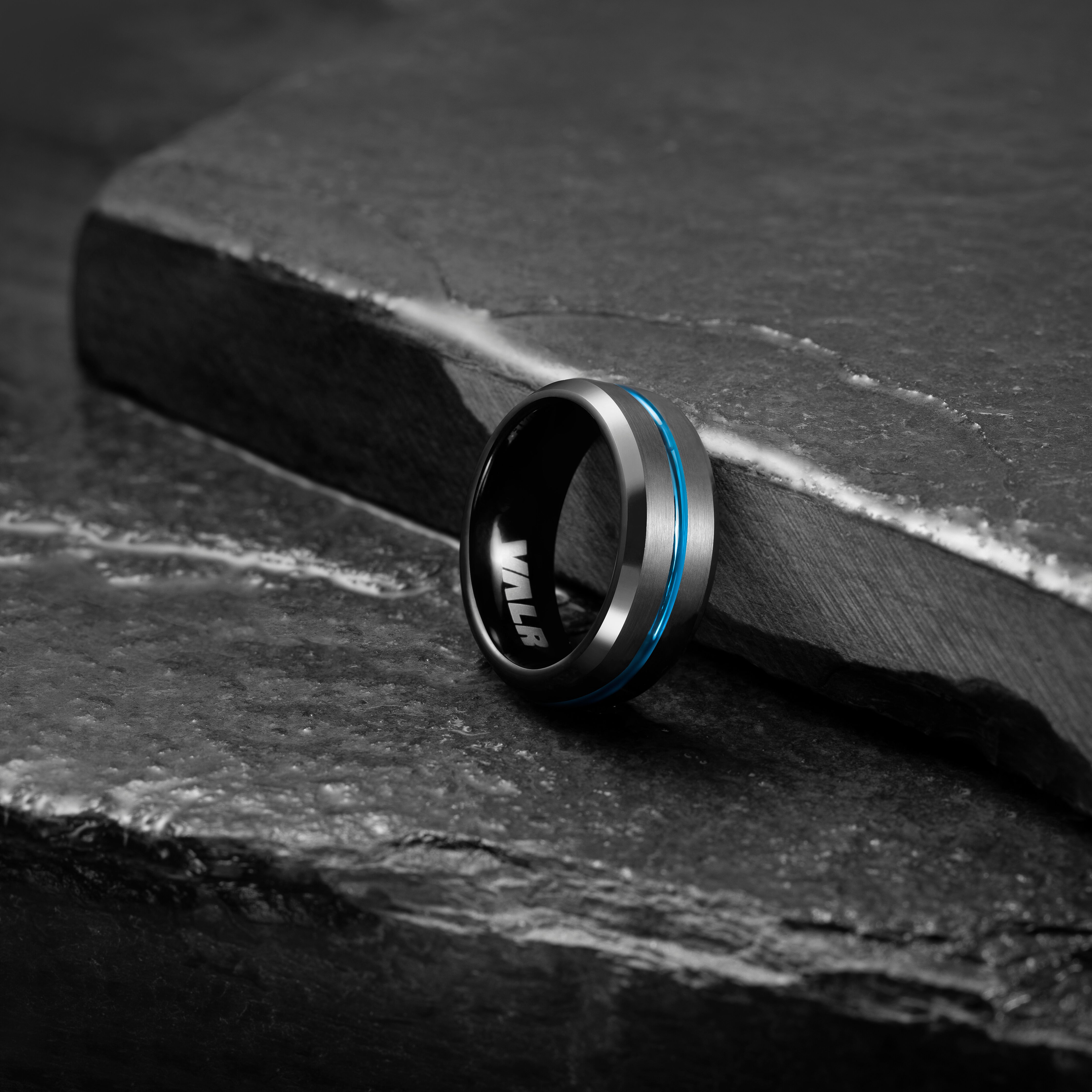 Black Tungsten Ring with a Blue Band | The Noir Blue Ring | Milina London