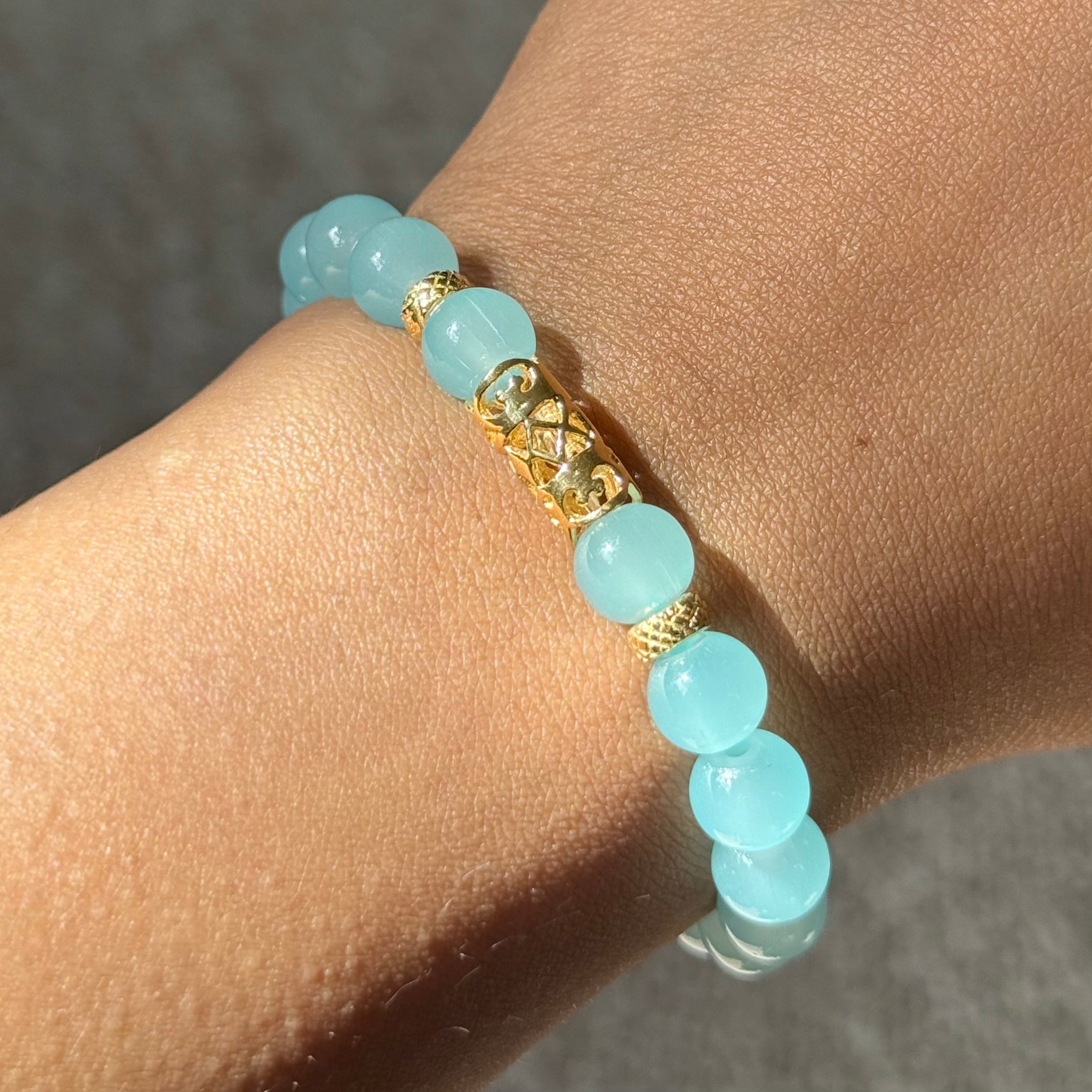 Aqua Chalcedony and Gold Plated Sterling Silver Beaded Bracelet