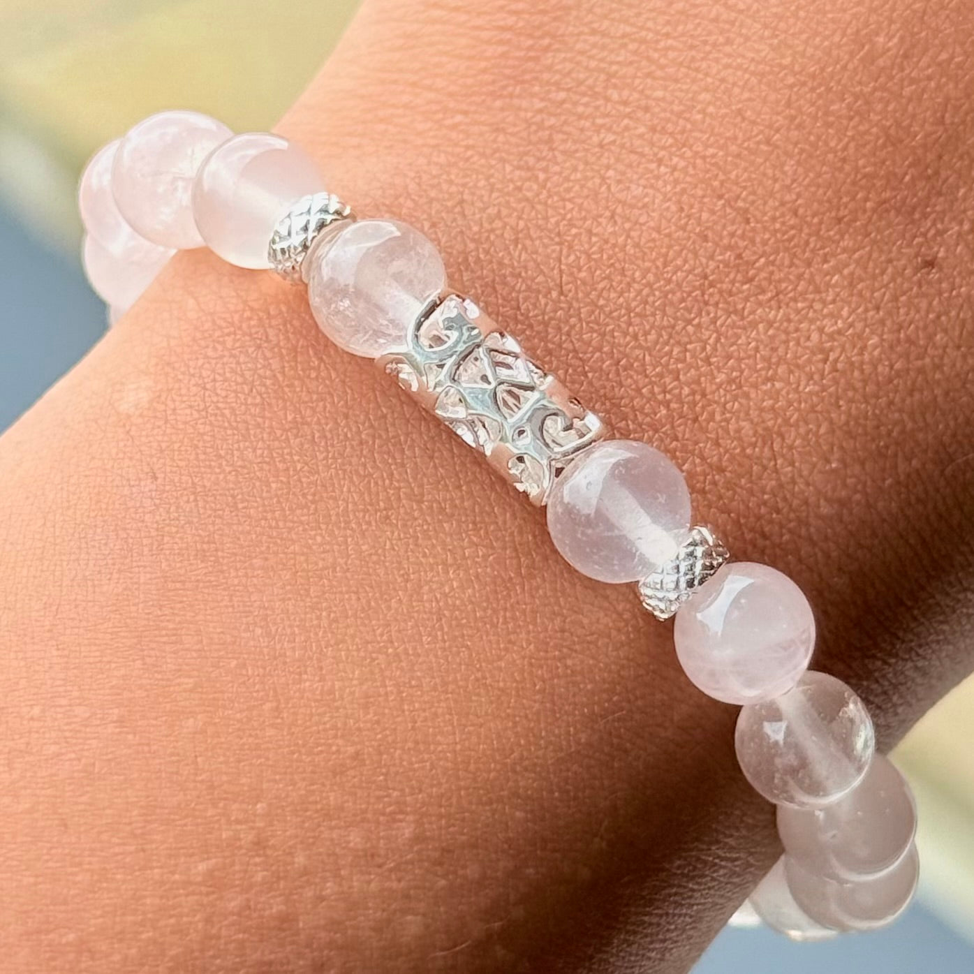 Rose Quartz and Sterling Silver Beaded Bracelet