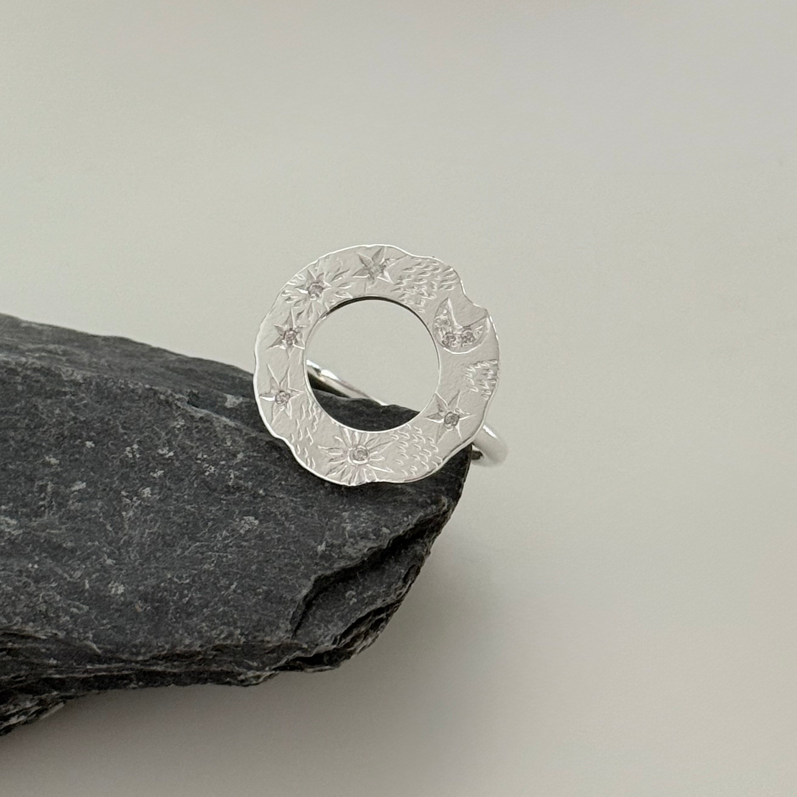 Sterling Silver Celestial Open Circle Ring with Cubic Zirconia