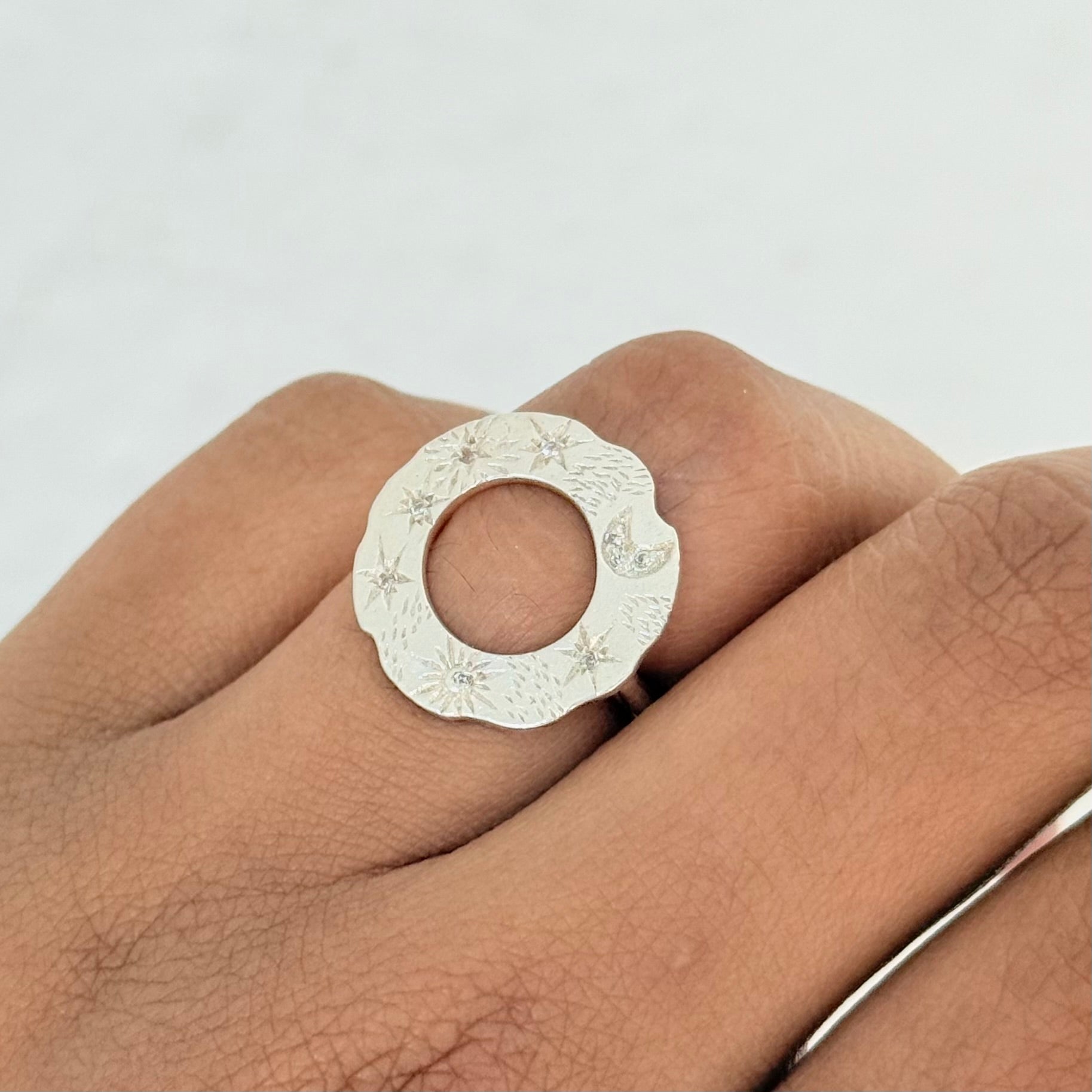 Sterling Silver Celestial Open Circle Ring with Cubic Zirconia