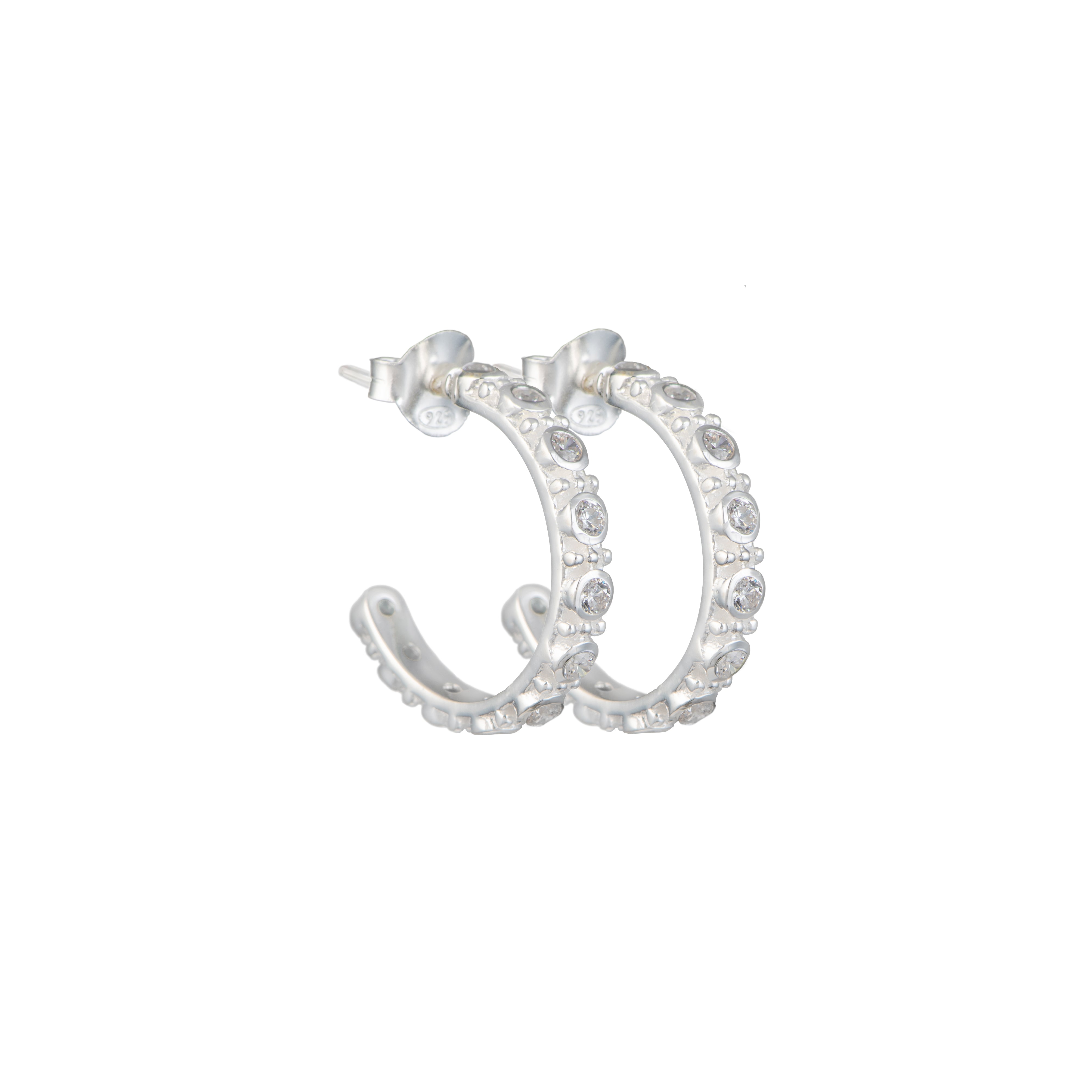 Sterling Silver Cubic Zirconia Studded Medium Hoops - ERD066-CZ - Milina London