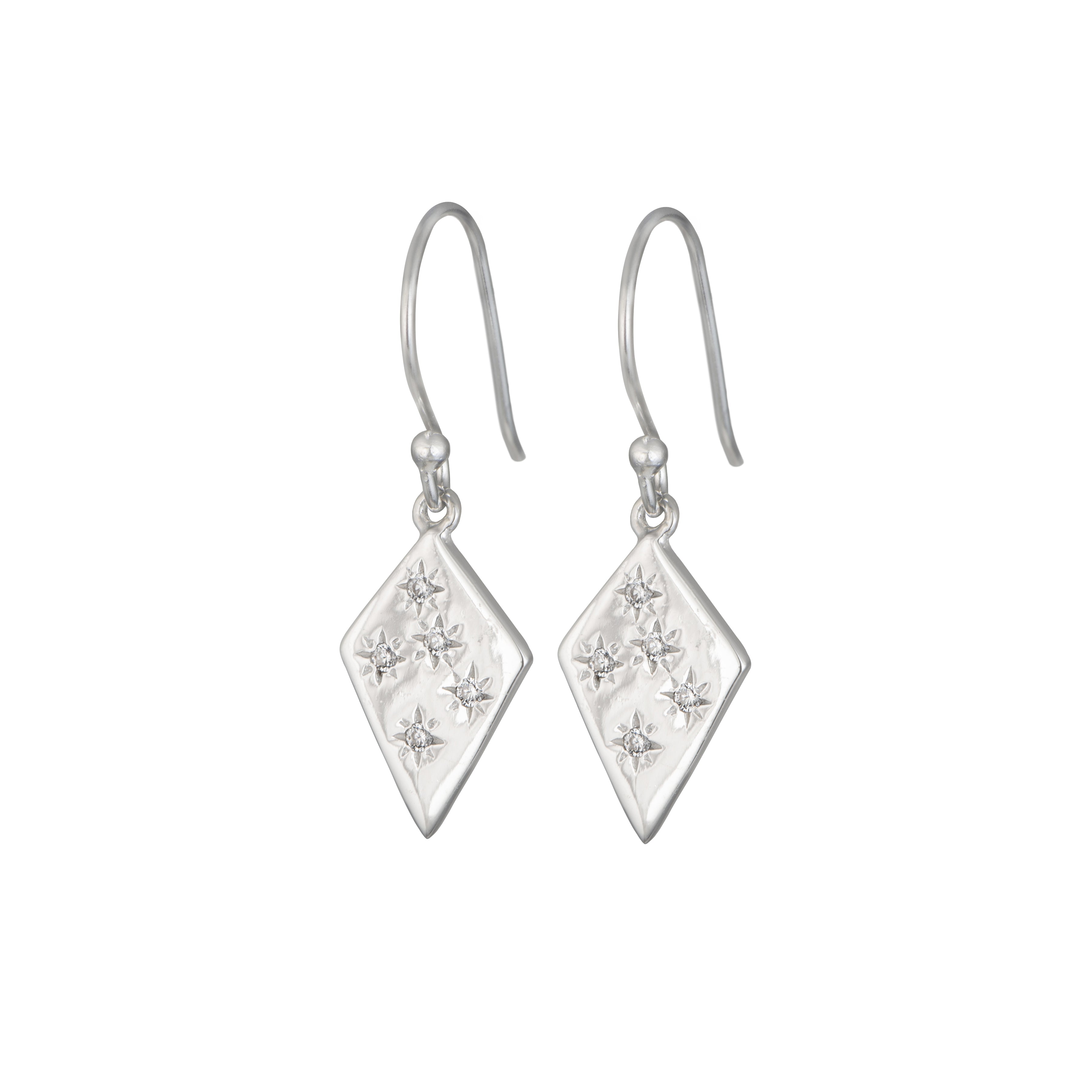 Sterling Silver Diamond Shaped Hook Earrings with Cubic Zirconia - ERD070-CZ - Milina London