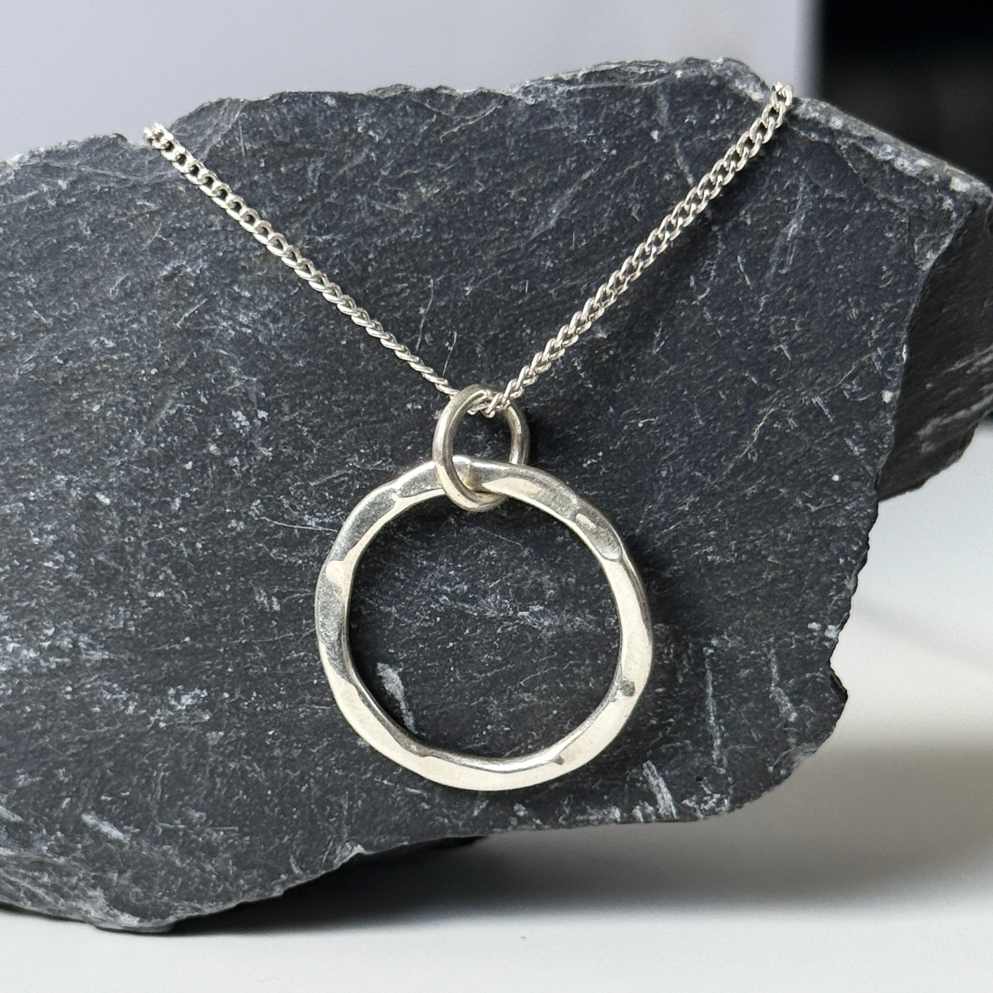 Sterling Silver Hammered Circle Disc Pendant Necklace