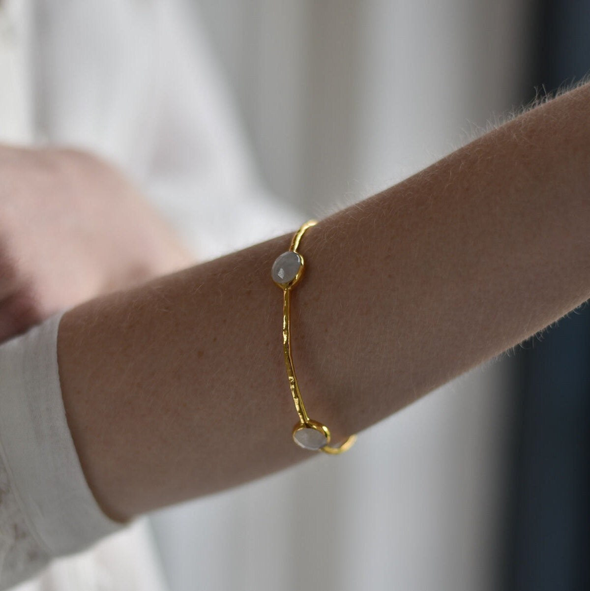 Moonstone Gemstone Bangle in Gold Plated Sterling Silver