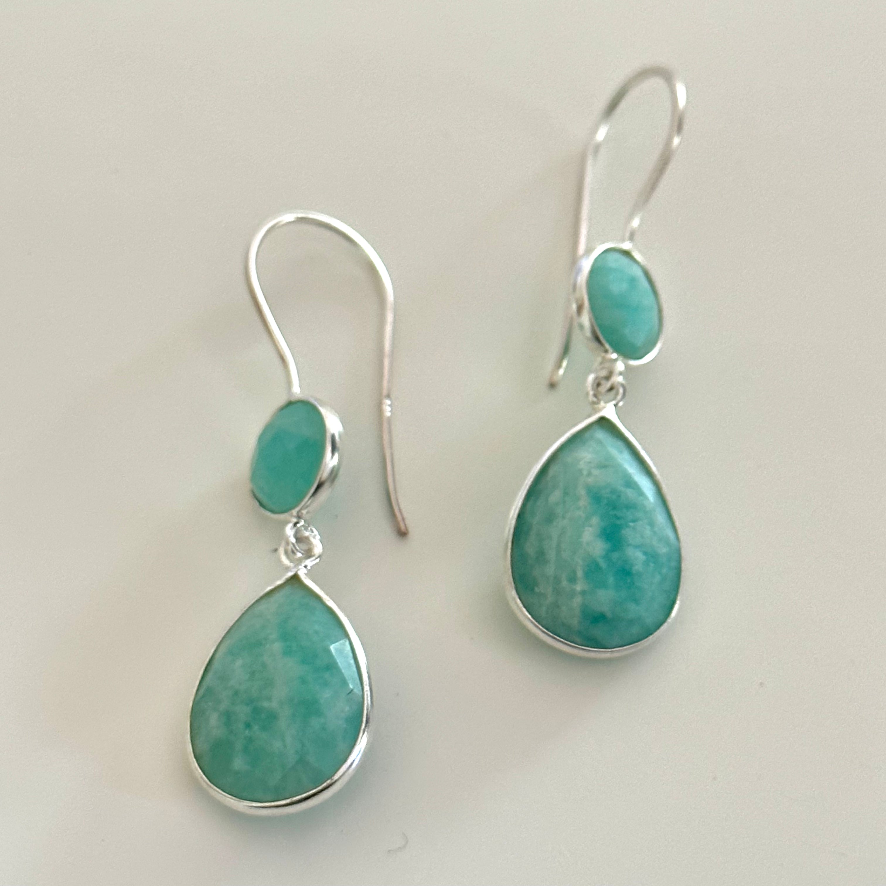 Amazonite Gemstone Two Stone Earrings in Sterling Silver - Teardrop