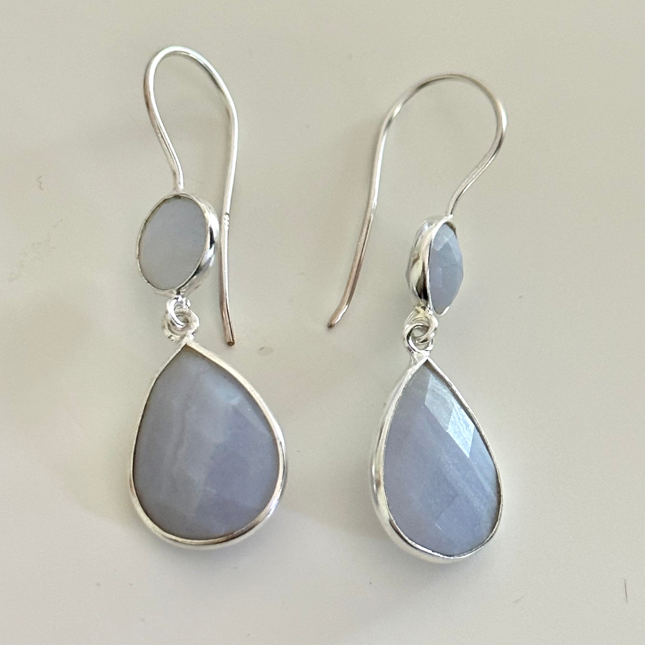 Blue Laced Agate Gemstone Two Stone Earrings in Sterling Silver - Teardrop