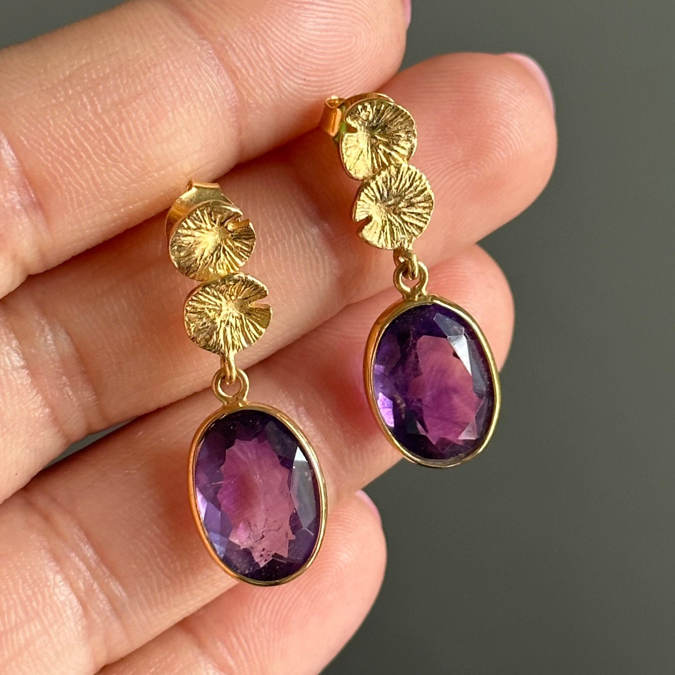 Lily Pad Earrings in Gold Plated Sterling Silver with an Amethyst Gemstone Drop