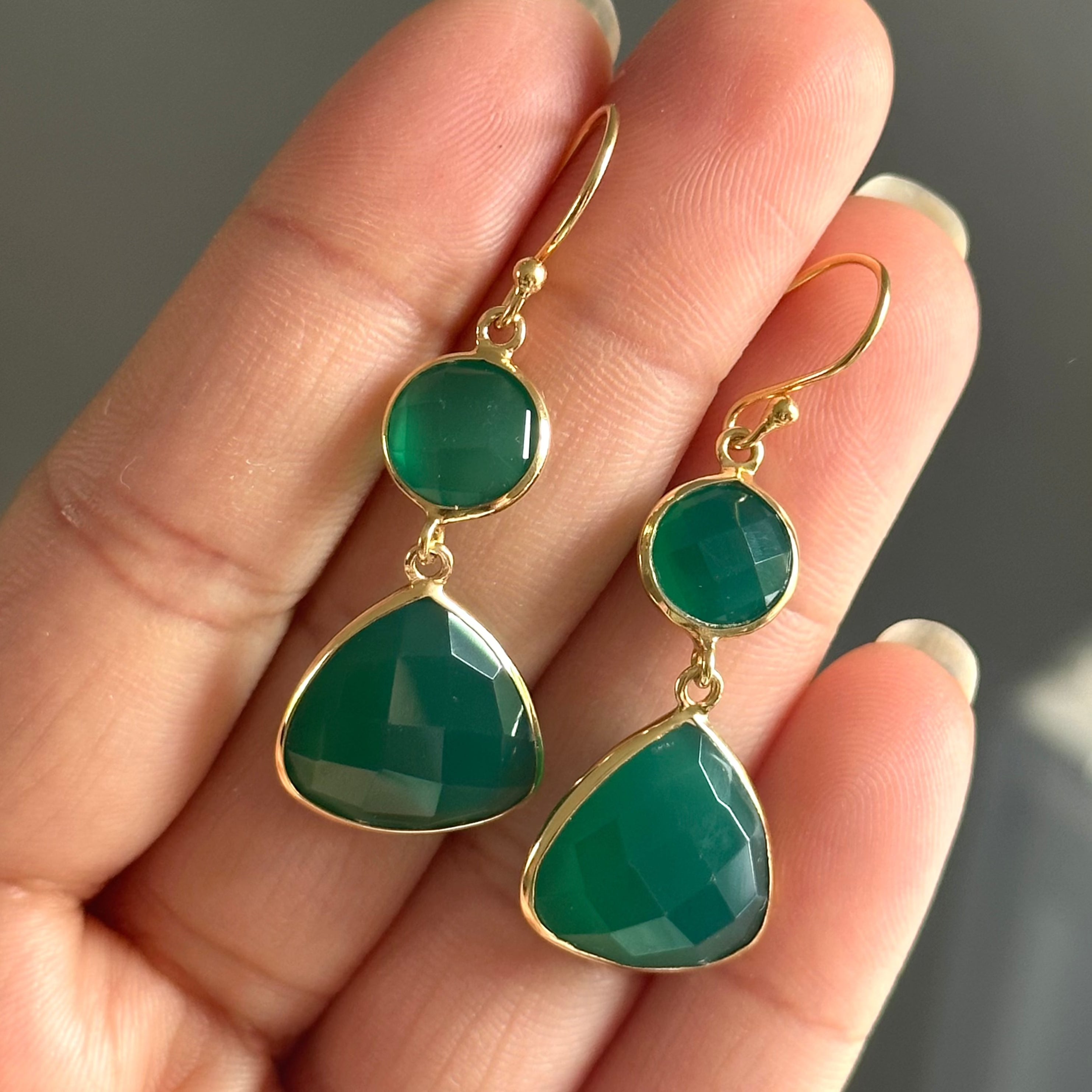 Green Onyx Gemstone Earrings in Gold Plated Sterling Silver - Triangular