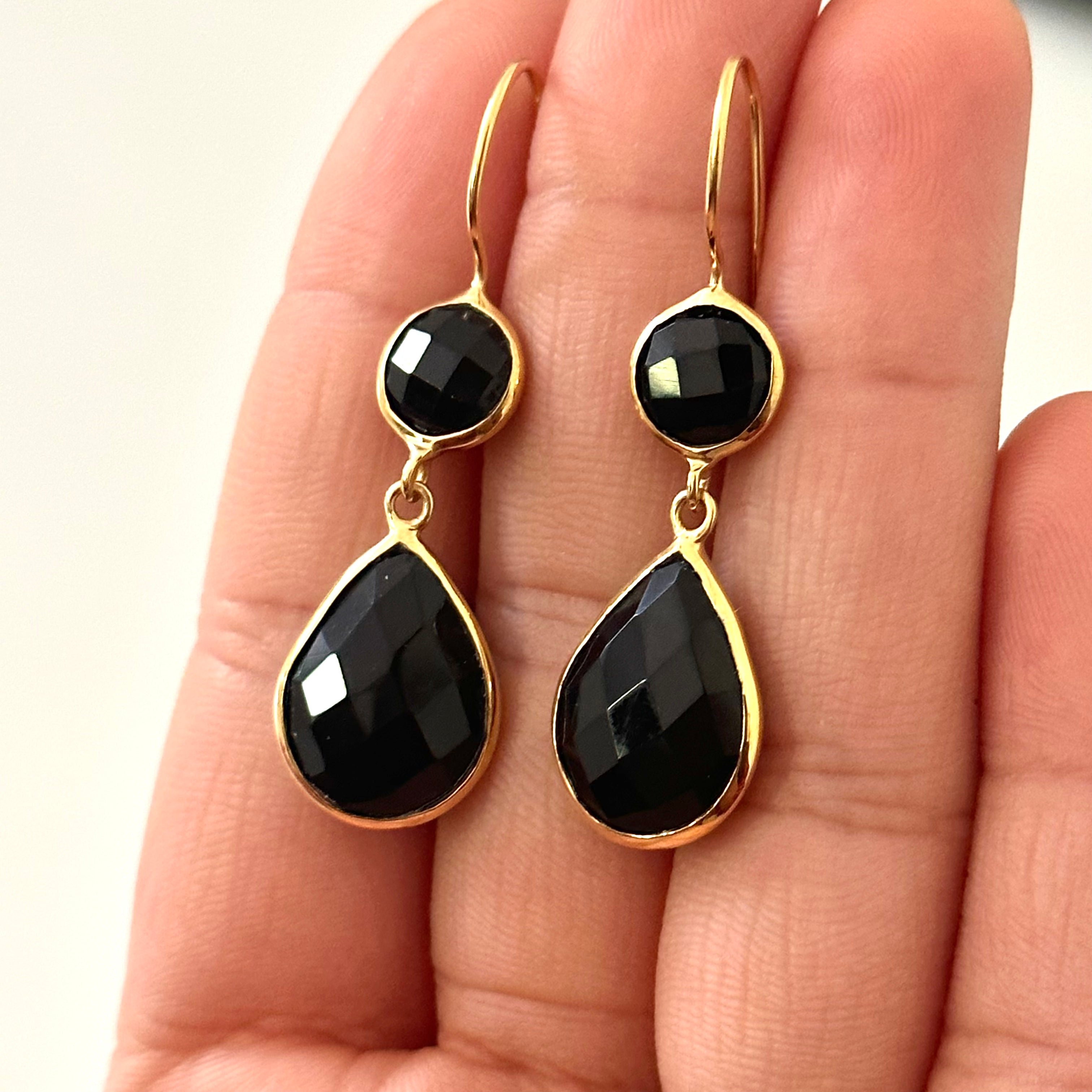 Black Onyx Gemstone Two Stone Earrings in Gold Plated Sterling Silver - Teardrop