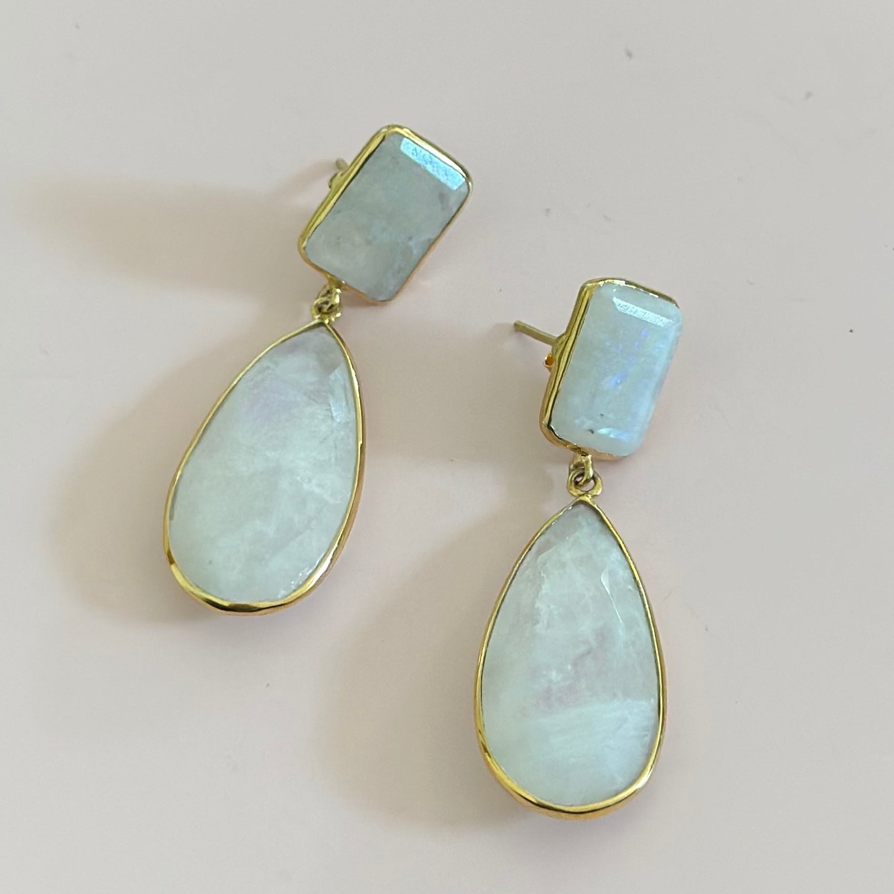 Long Statement Earrings with a Rectangle Stone and Long Pear Shaped Stone Drop - Moonstone