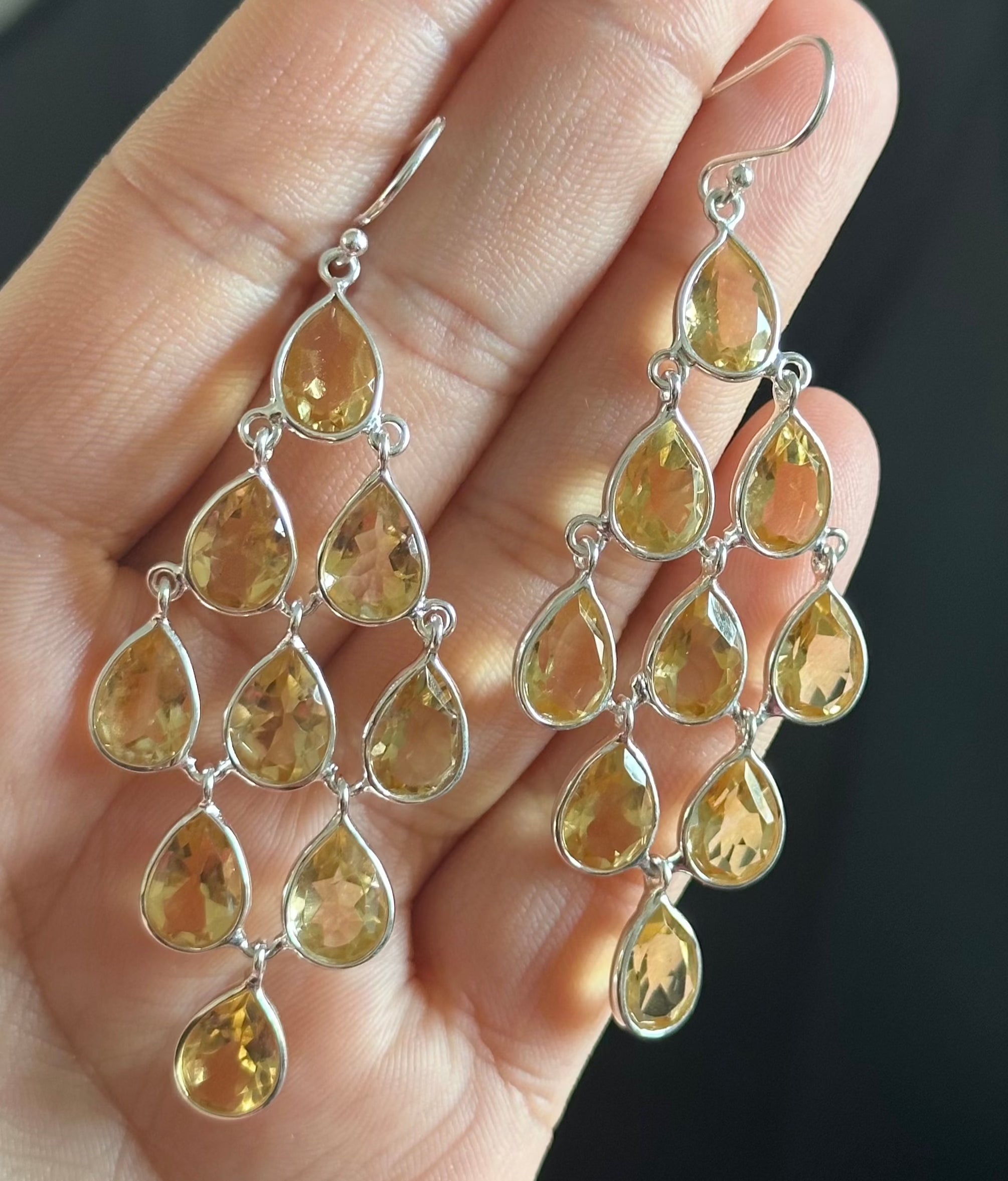 Sterling Silver Chandelier Earrings with Natural Gemstones - Citrine