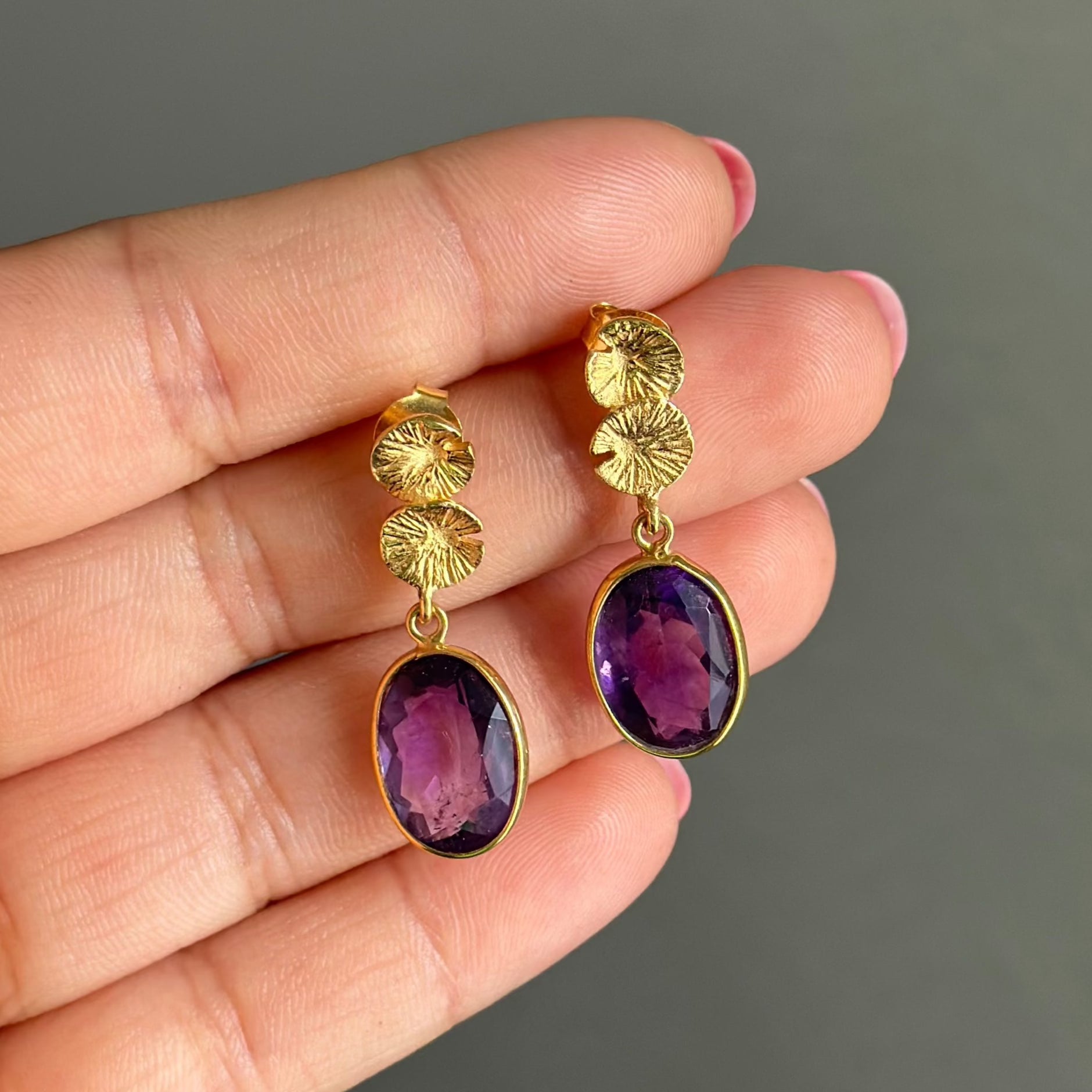 Lily Pad Earrings in Gold Plated Sterling Silver with an Amethyst Gemstone Drop