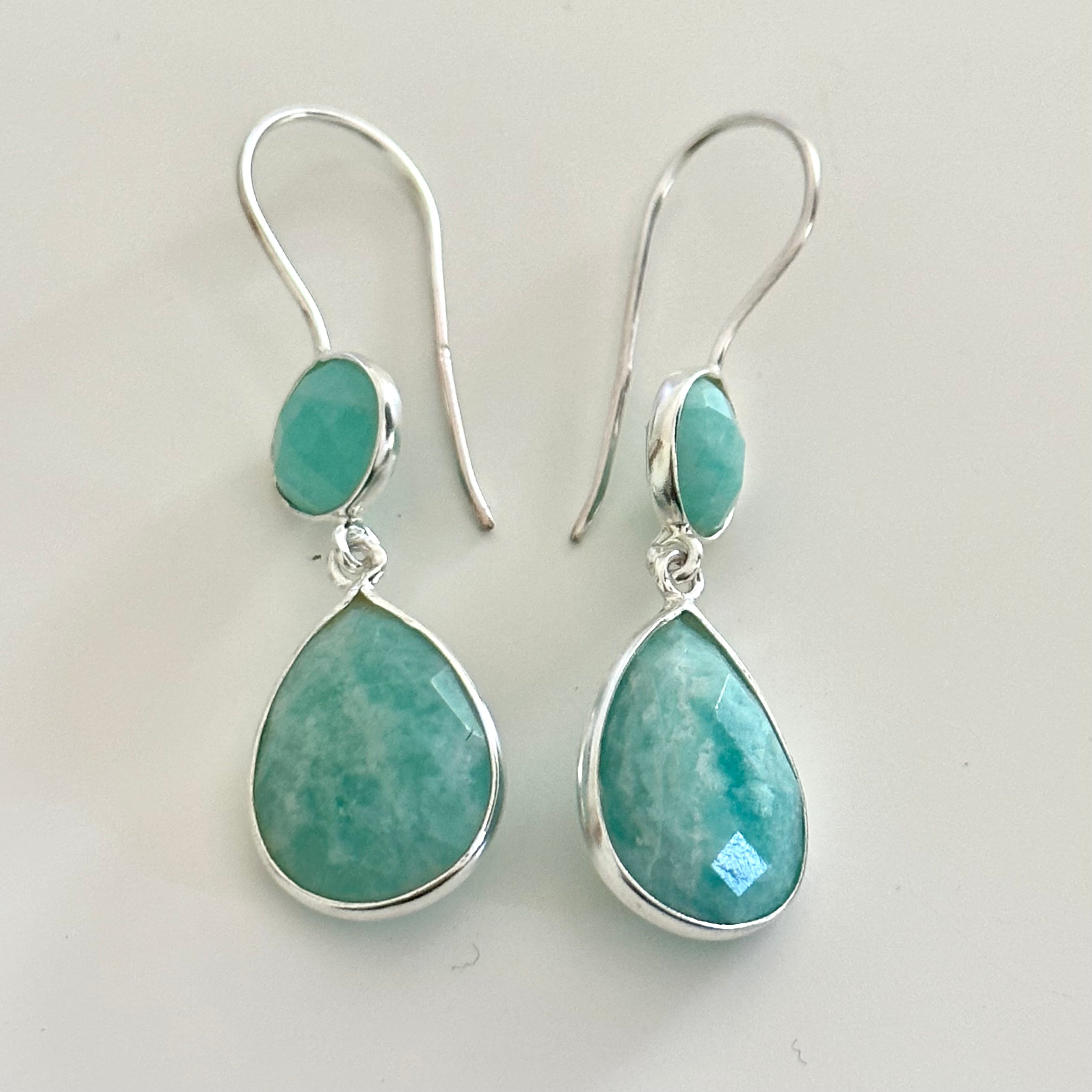 Amazonite Gemstone Two Stone Earrings in Sterling Silver - Teardrop