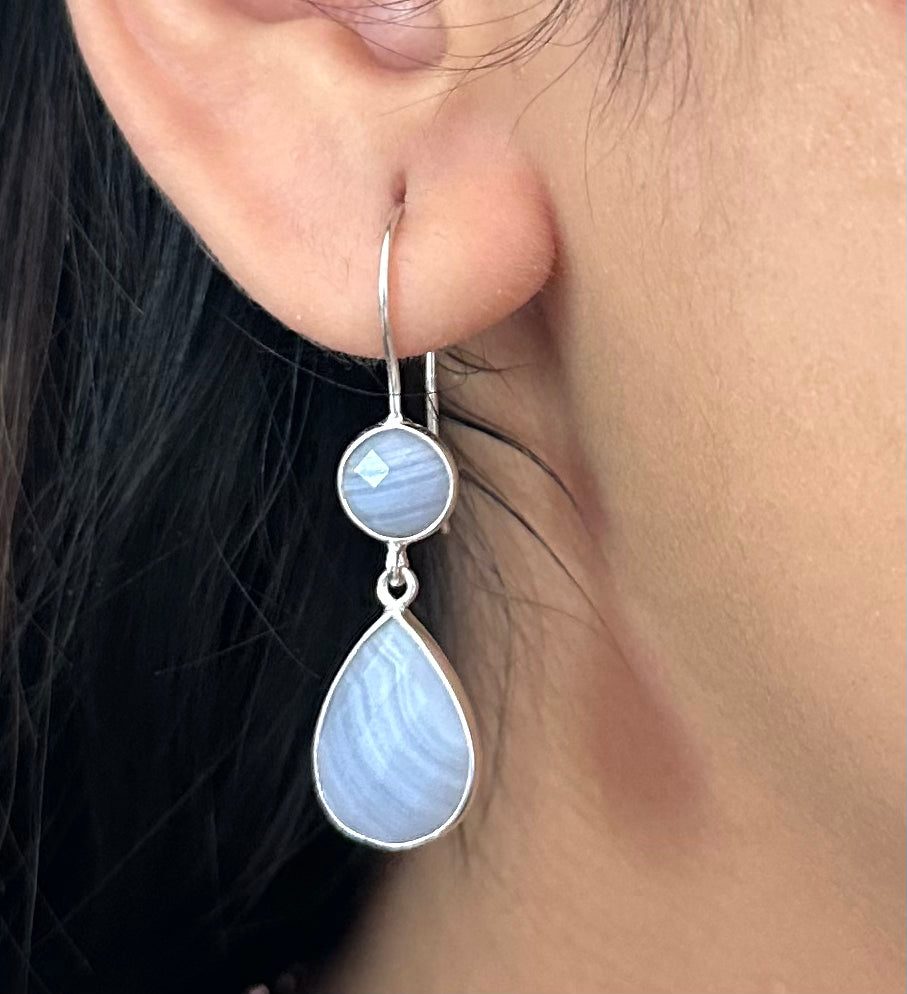 Blue Laced Agate Gemstone Two Stone Earrings in Sterling Silver - Teardrop