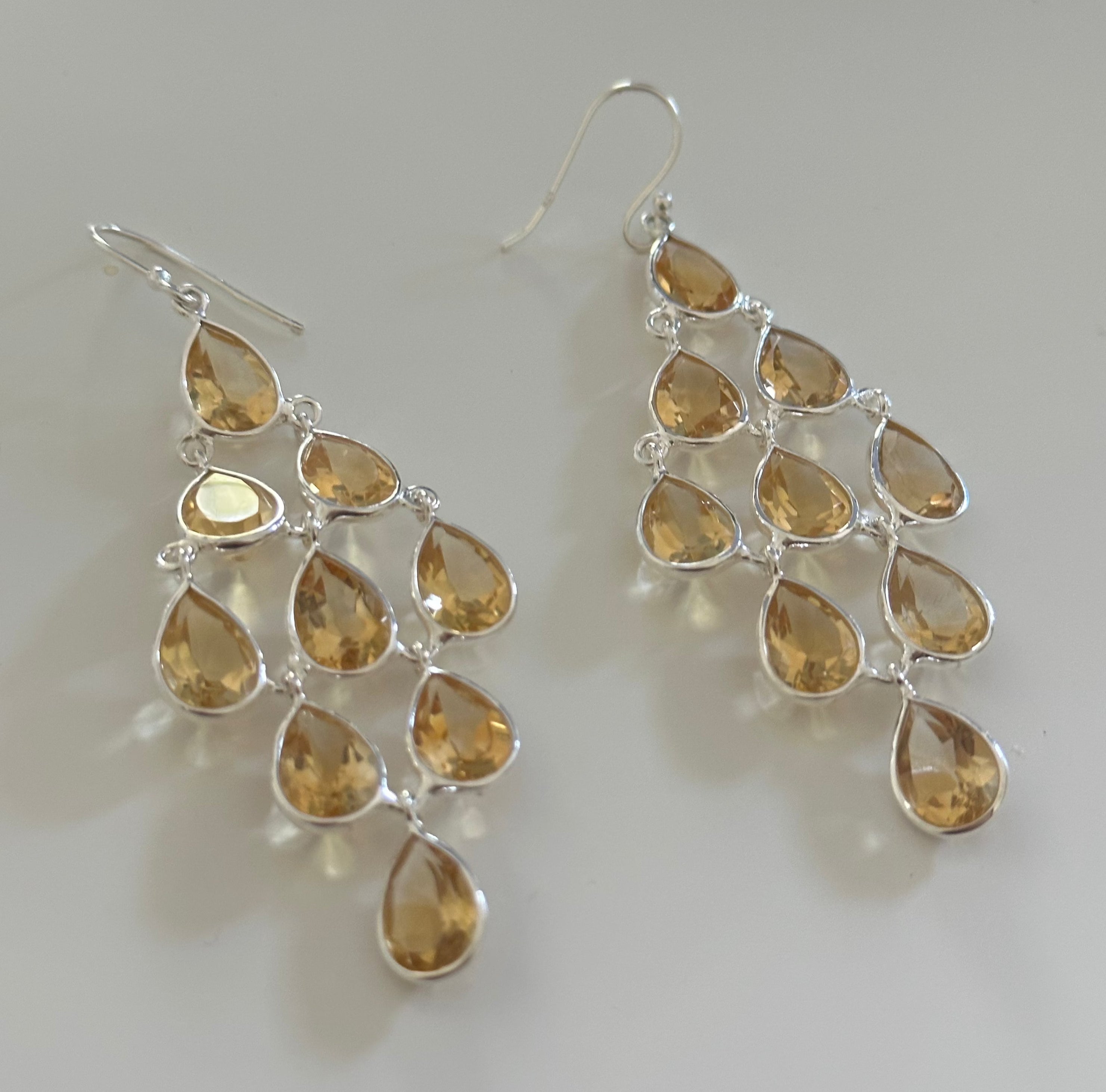 Sterling Silver Chandelier Earrings with Natural Gemstones - Citrine