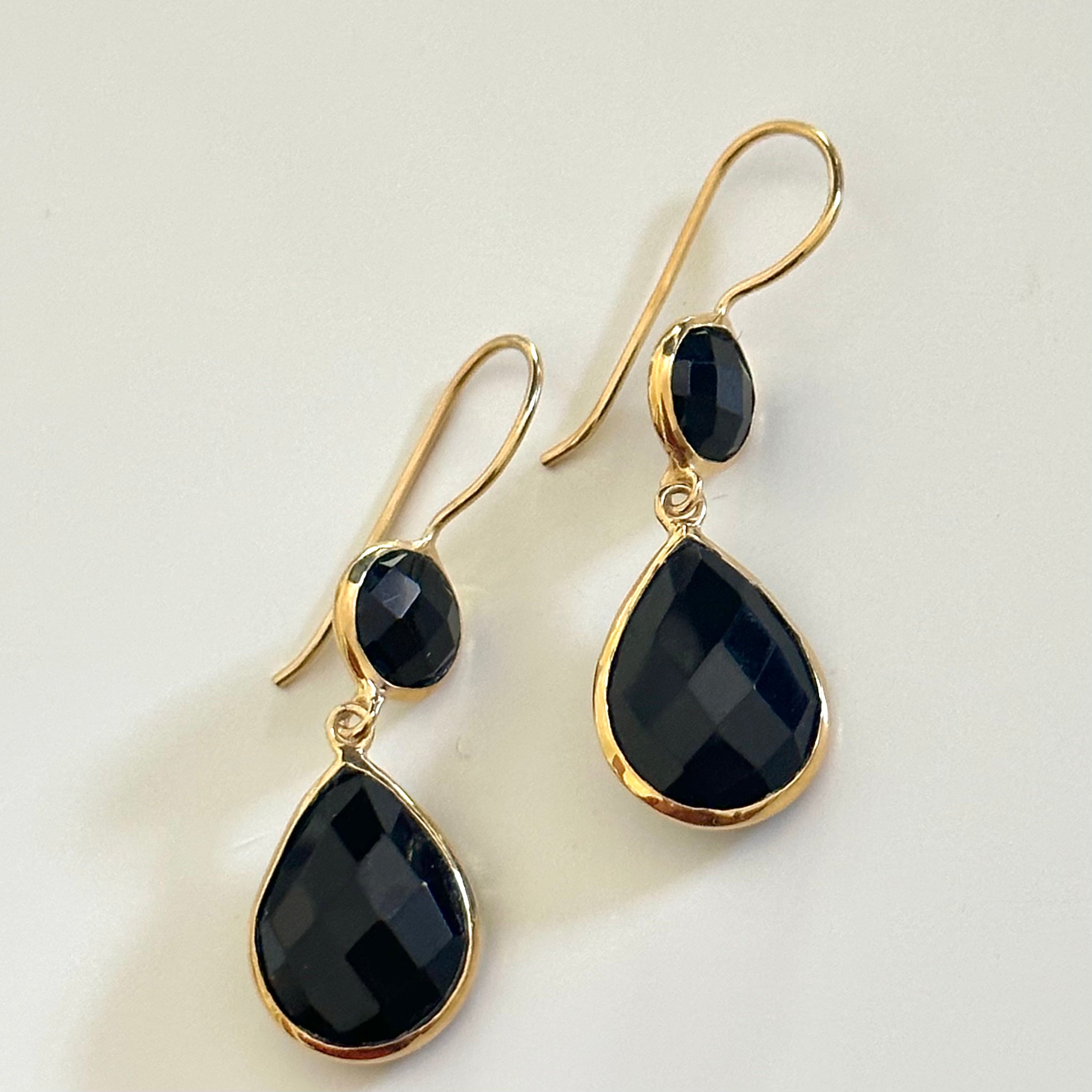 Black Onyx Gemstone Two Stone Earrings in Gold Plated Sterling Silver - Teardrop