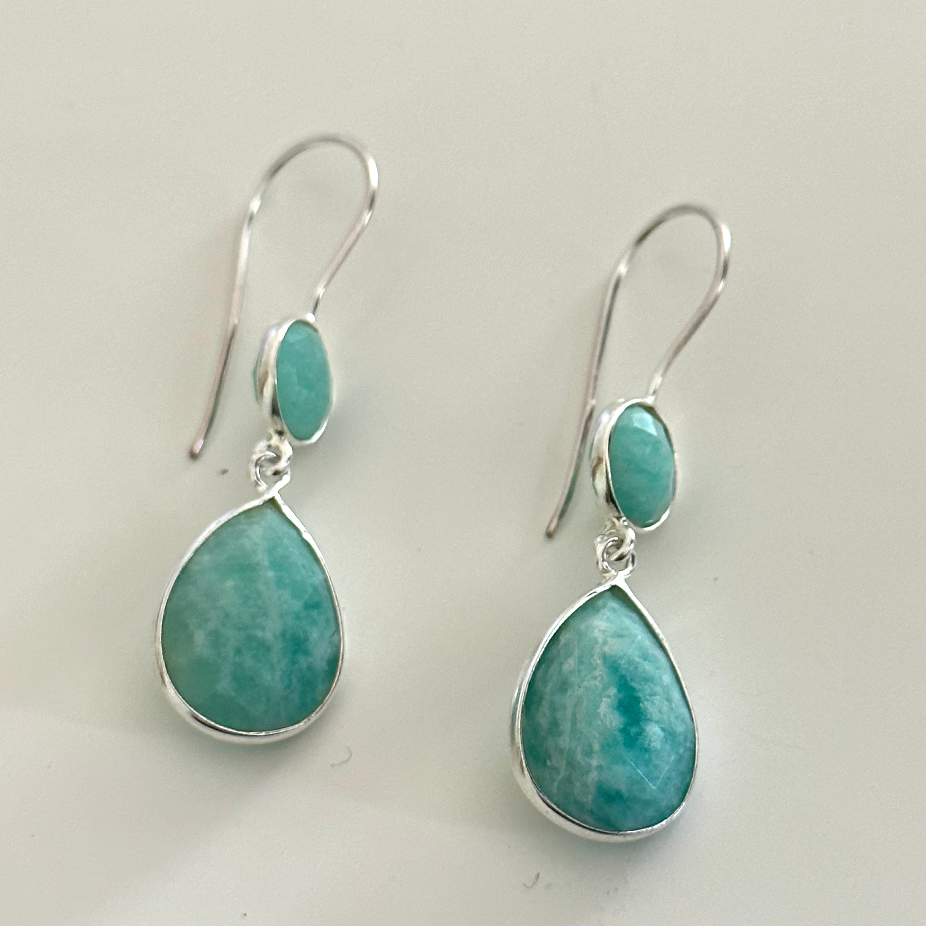 Amazonite Gemstone Two Stone Earrings in Sterling Silver - Teardrop