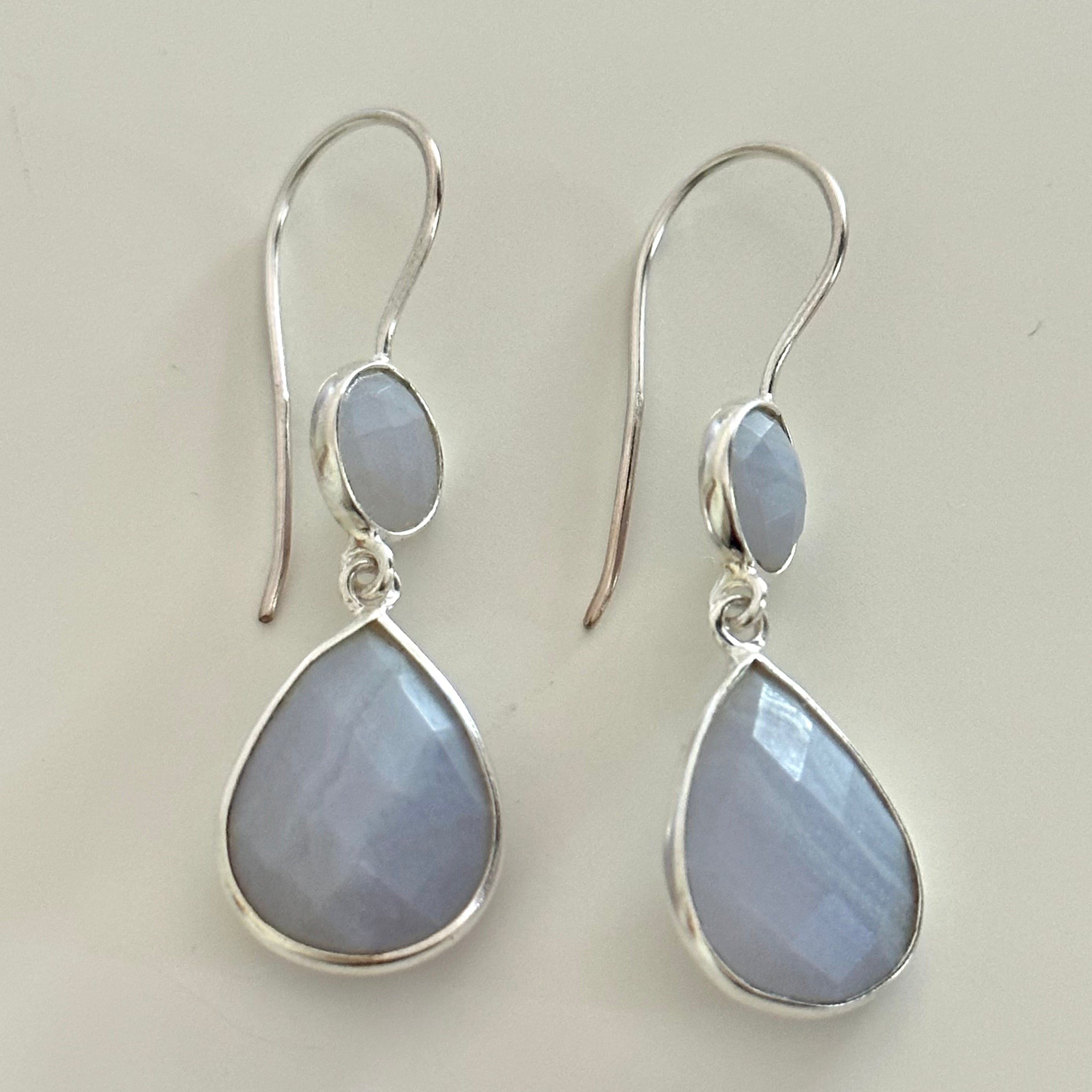 Blue Laced Agate Gemstone Two Stone Earrings in Sterling Silver - Teardrop