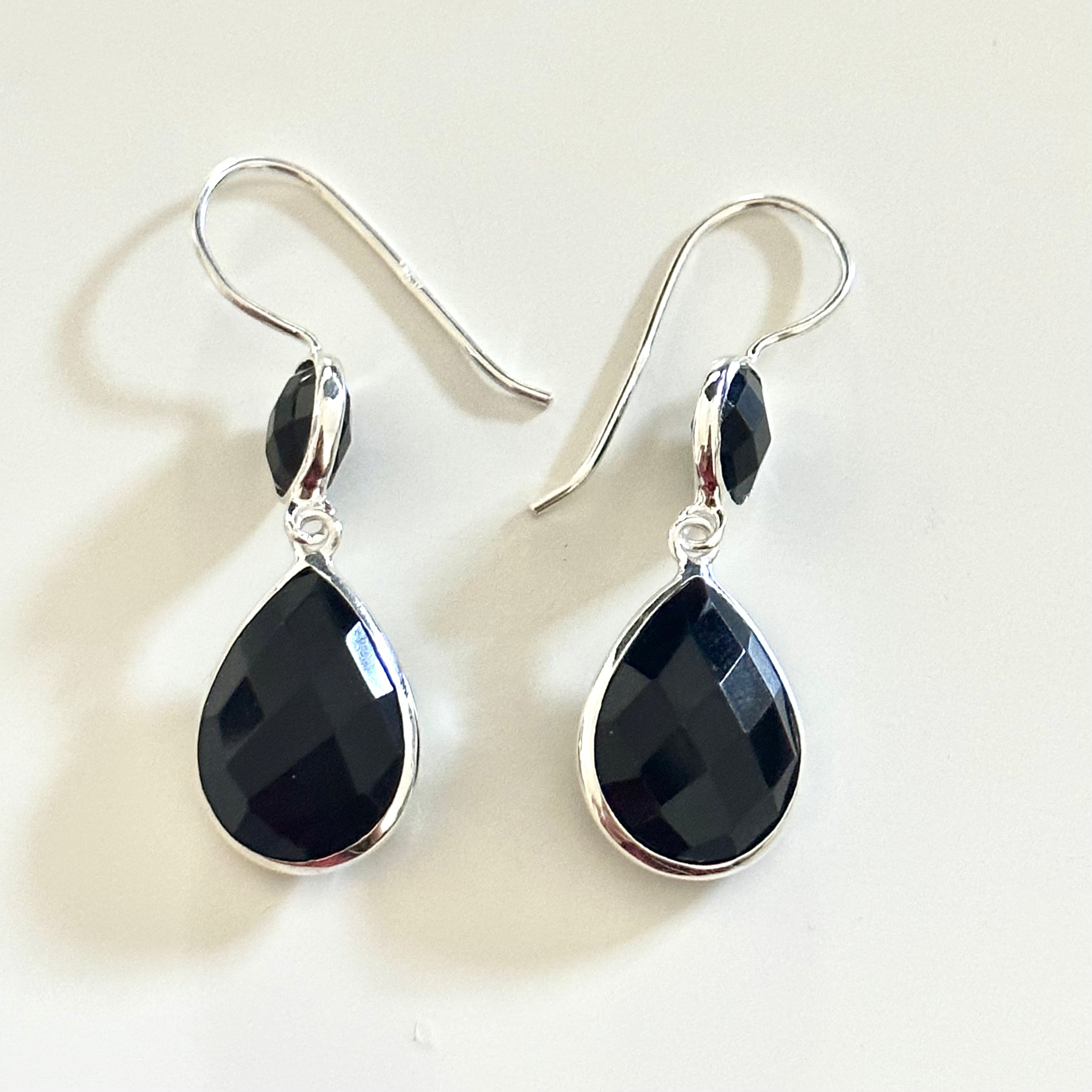 Black Onyx Gemstone Two Stone Earrings in Sterling Silver - Teardrop