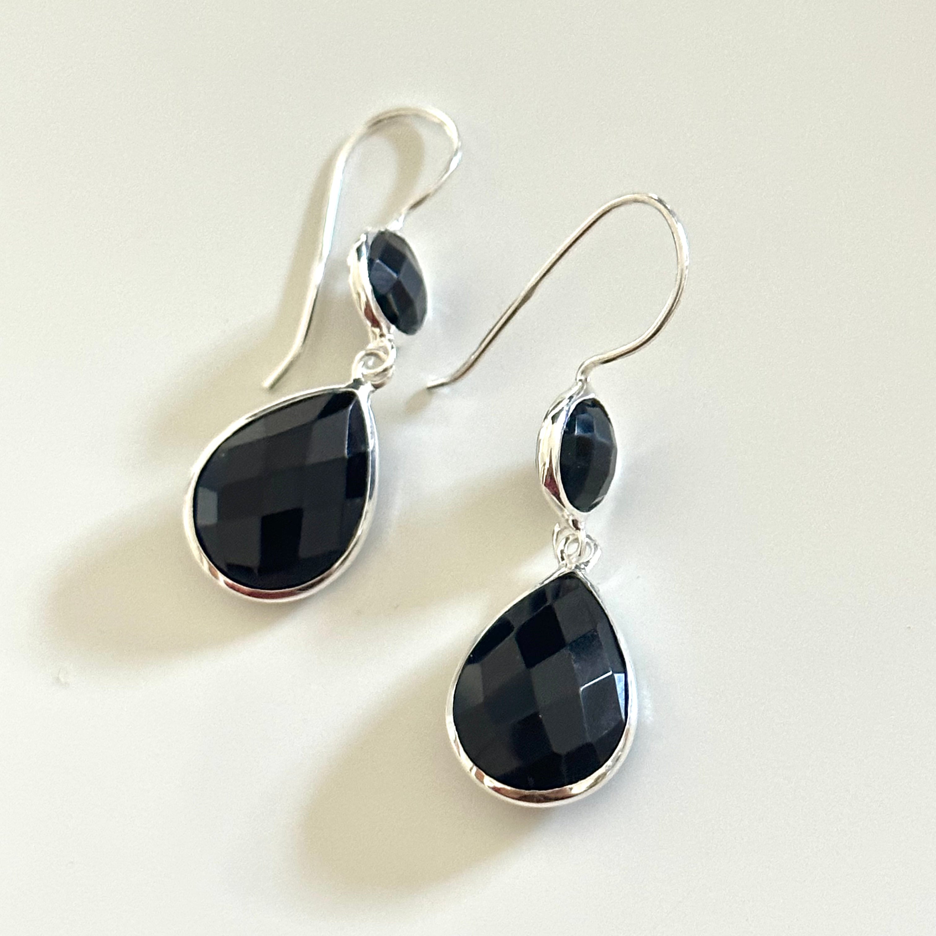 Black Onyx Gemstone Two Stone Earrings in Sterling Silver - Teardrop