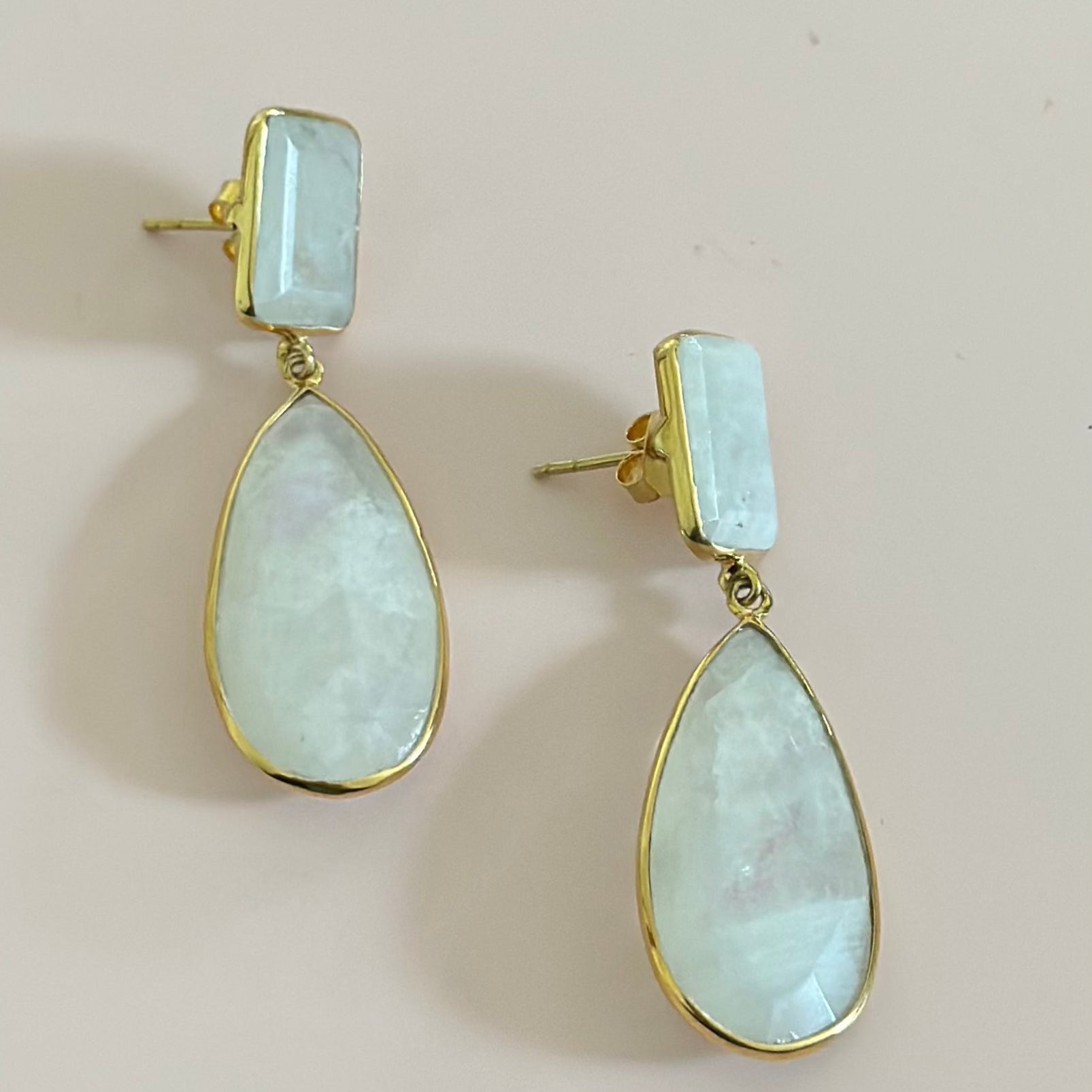 Long Statement Earrings with a Rectangle Stone and Long Pear Shaped Stone Drop - Moonstone