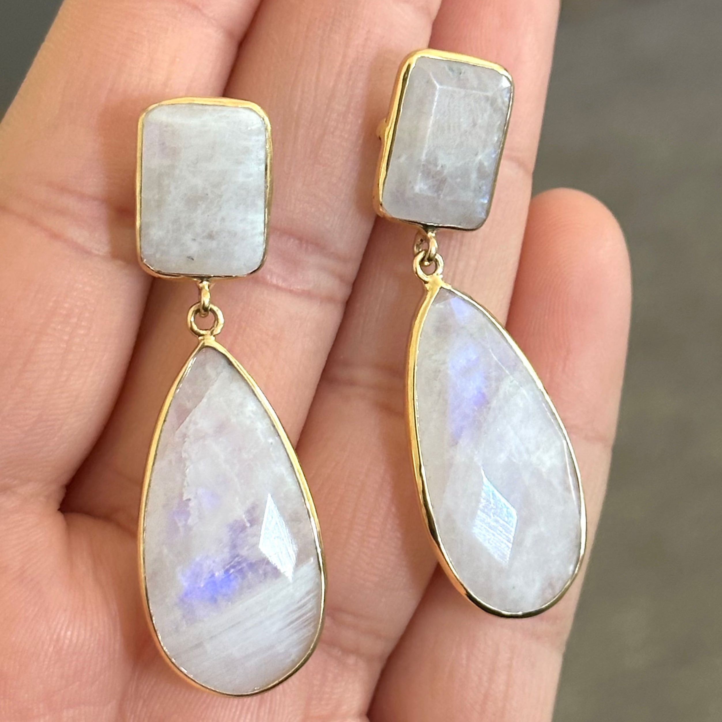 Long Statement Earrings with a Rectangle Stone and Long Pear Shaped Stone Drop - Moonstone
