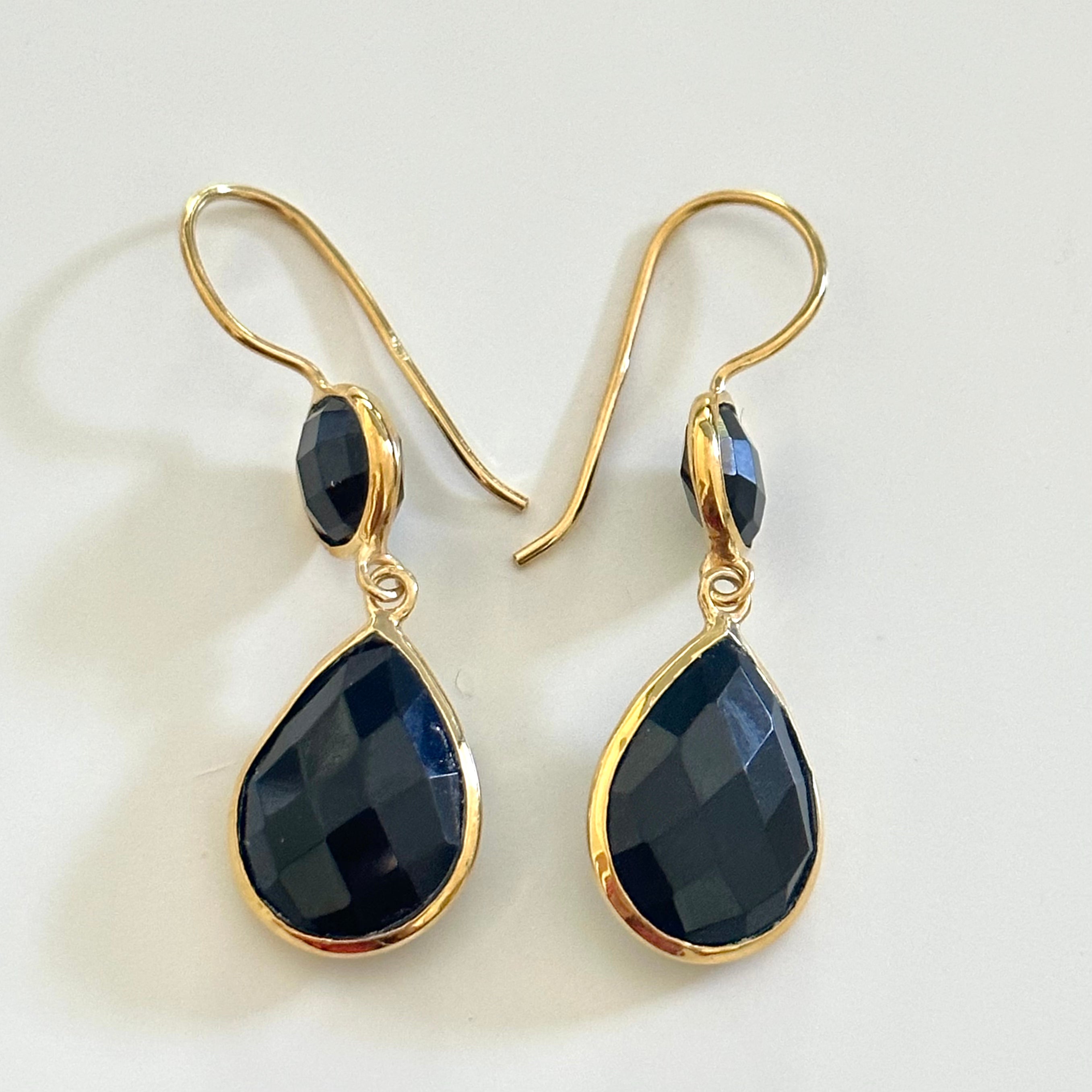 Black Onyx Gemstone Two Stone Earrings in Gold Plated Sterling Silver - Teardrop