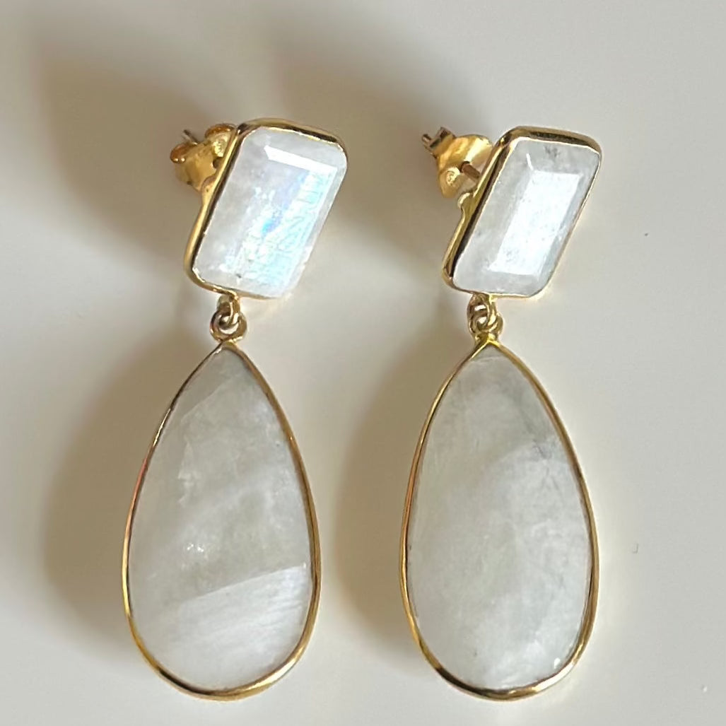 Long Statement Earrings with a Rectangle Stone and Long Pear Shaped Stone Drop - Moonstone