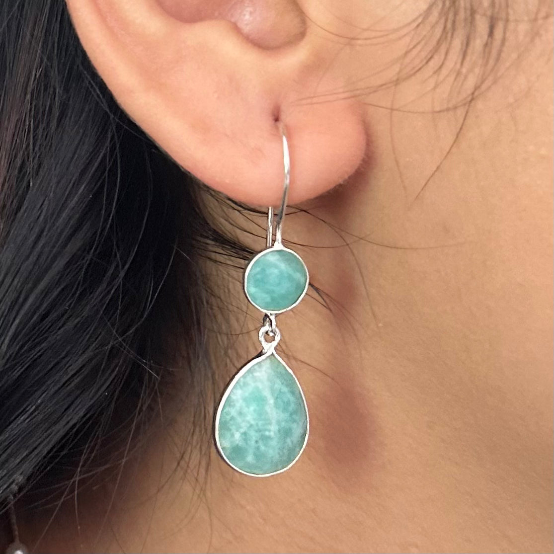 Amazonite Gemstone Two Stone Earrings in Sterling Silver - Teardrop