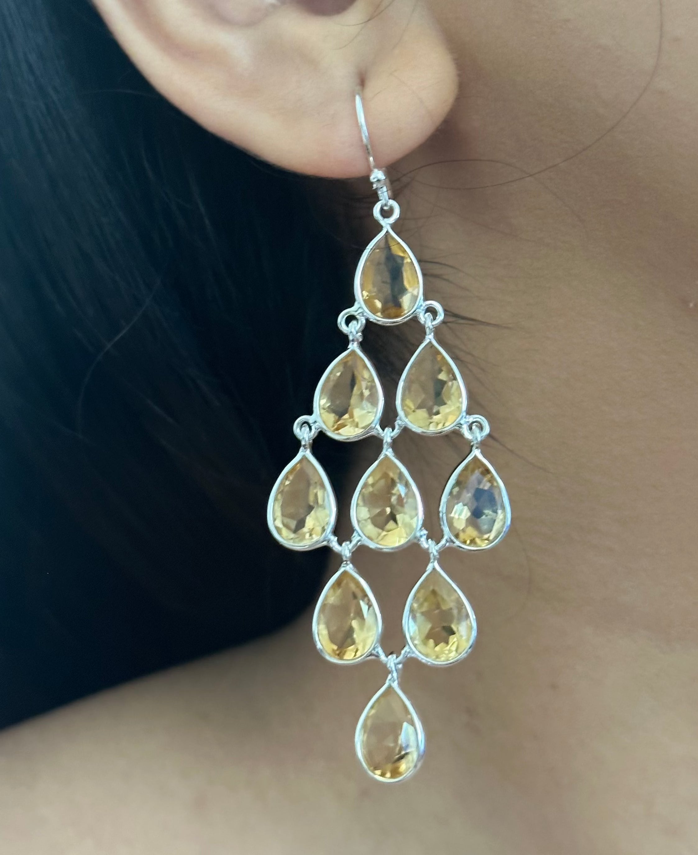 Sterling Silver Chandelier Earrings with Natural Gemstones - Citrine