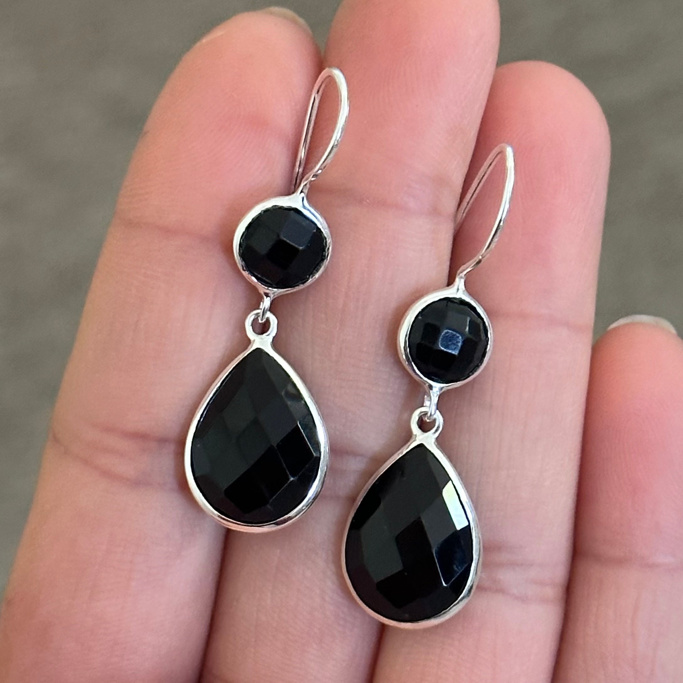 Black Onyx Gemstone Two Stone Earrings in Sterling Silver - Teardrop
