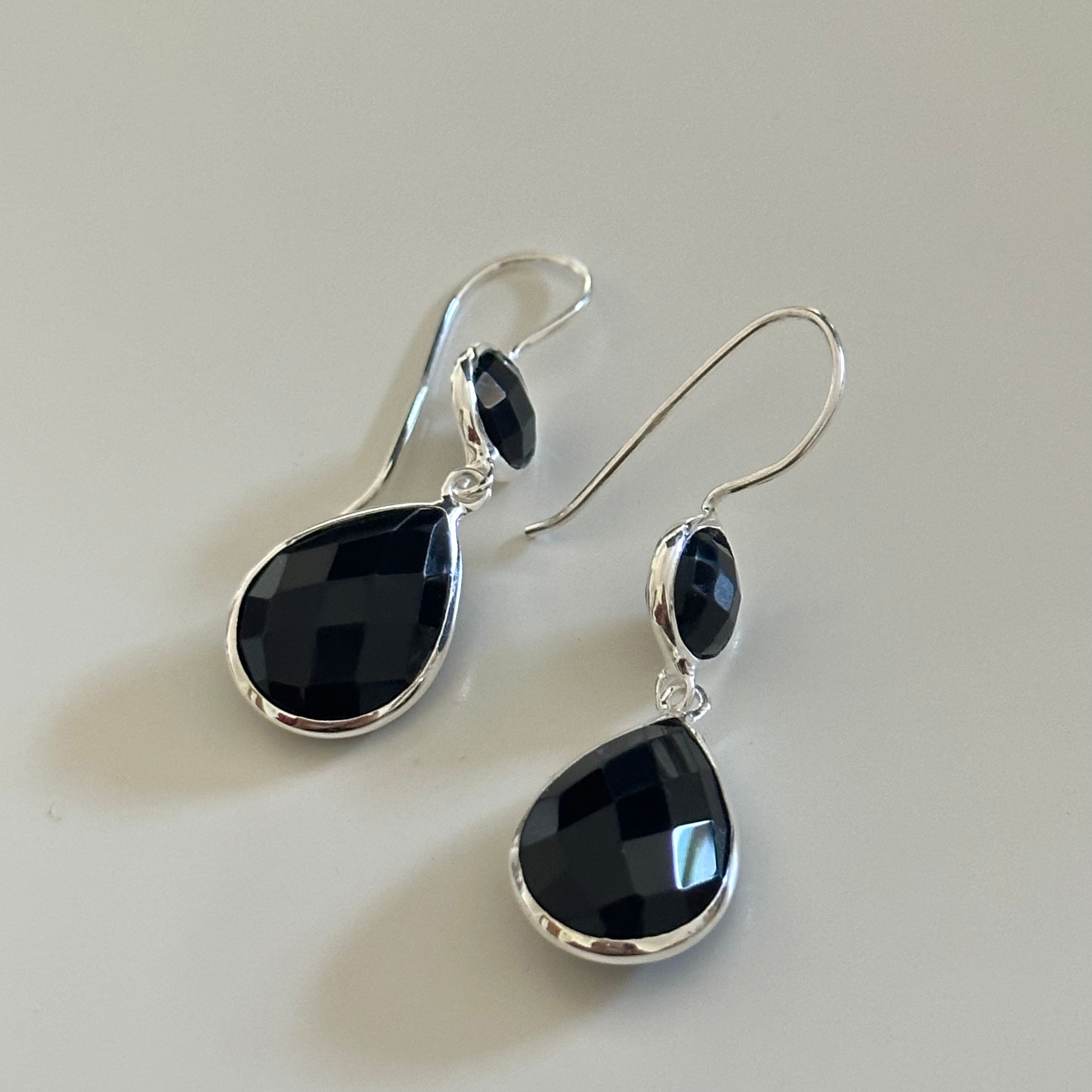Black Onyx Gemstone Two Stone Earrings in Sterling Silver - Teardrop
