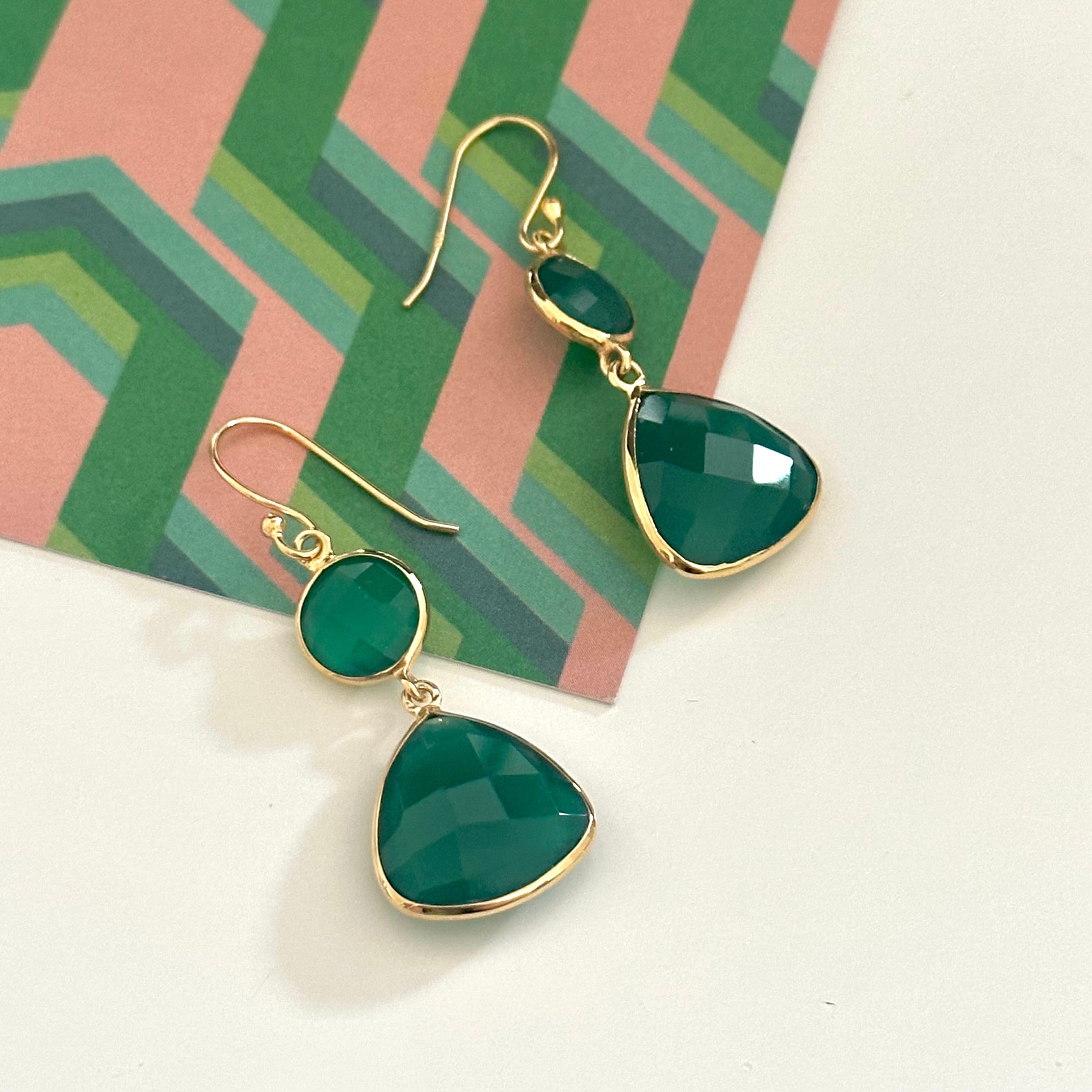 Green Onyx Gemstone Earrings in Gold Plated Sterling Silver - Triangular